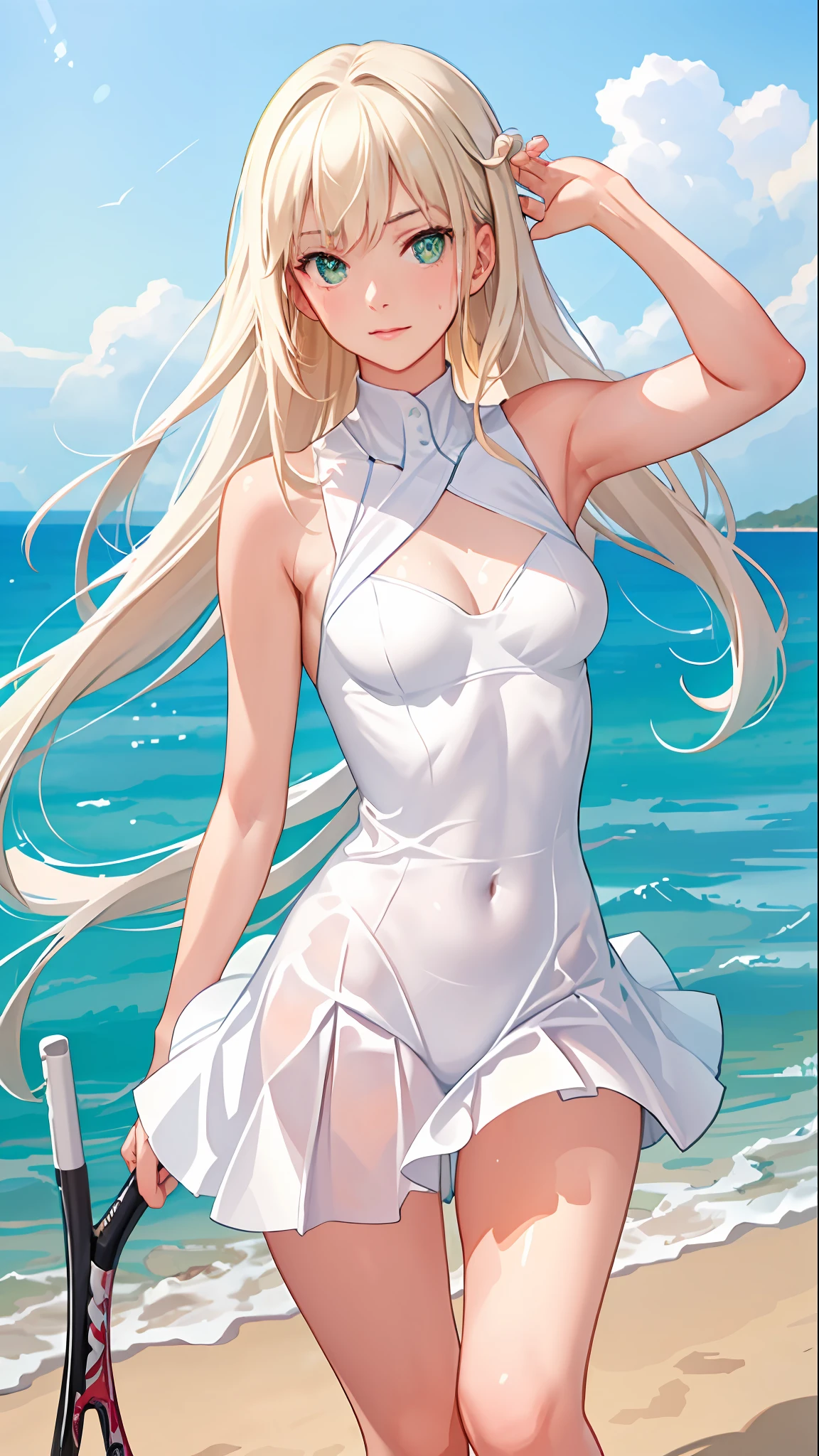 absurd, masterpiece, best quality, realistic, hyper-detailed, (shiny, sweaty skin: 1.4), slender, looking at the viewer, 1girl, solo, tennis outfit, blouse showing white belly, white sneakers, white miniskirt, long hair, blonde hair, green eyes, : 0.5), dynamic lighting, high resolution, sharp focus, depth of field, small breasts