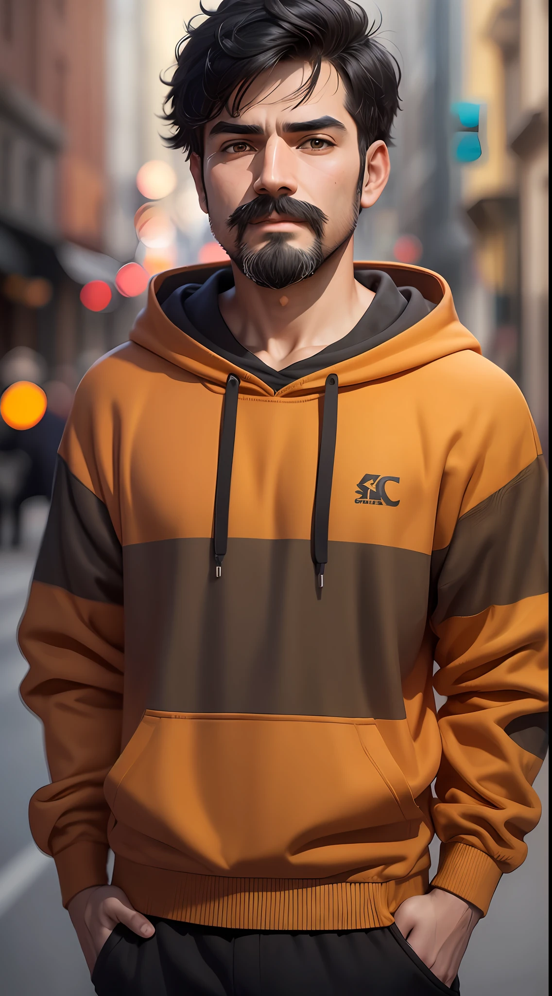 boy in orange hodie jumper,black hair,mustache and thin beard,3D,HDR,upscale --auto --s2