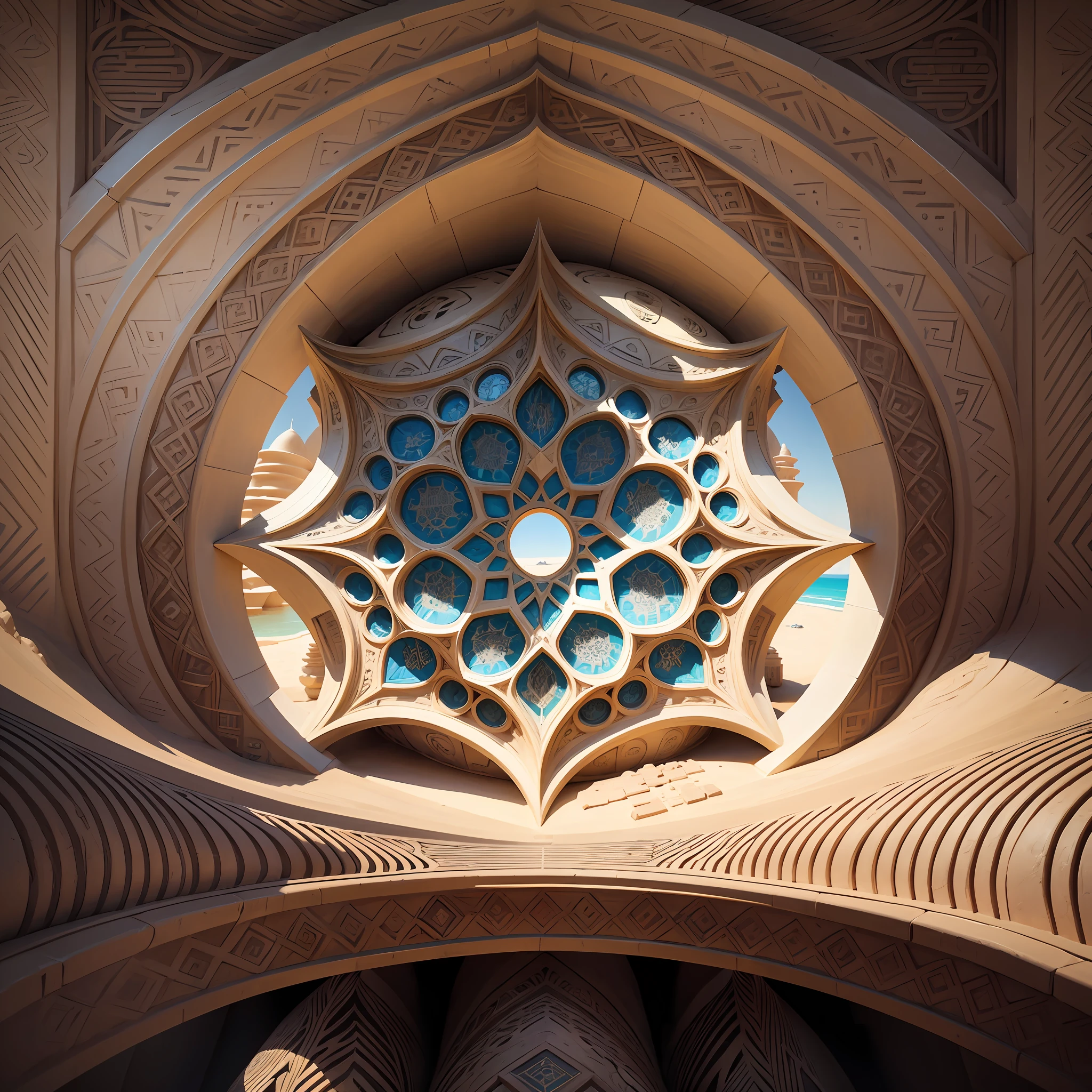 Futuristic Islamic architecture design of cave architecture concept art on desert oasis, islamic architecture, proportional,detailed, cave architecture nature meets futuristic architecture by Toyo Ito ,residential area, futuristic development, high rise balconies, full of rock and glass facades, residential spaces carved from cliff side ,trending on artstation, beautiful lighting,In the style of Arabic calligraphy masterpiece, fantasy, intricate, award winning, 4k, highest quality render --auto --s2