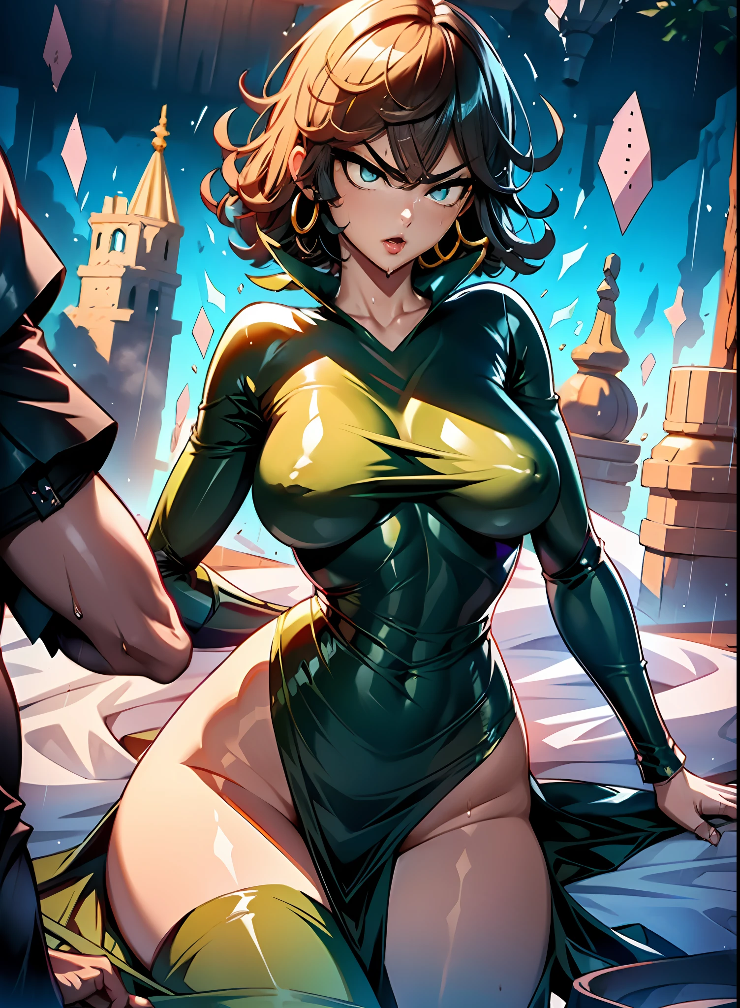 Anime-style face:1.5,Skinny black latex cleavage dress, tiny waist, Thin waist: 1.7,ultra realistic 8k cg, masterpiece, ((ultra detailed background, delicate pattern, intricate detail)), ( highly detailed, fine details), best quality, (photorealistic:1.7),Greasy body, There is a body where lubricating oil flows down, Verism, Verism。 (NSFW: 1.8), the perfect body. (sexy eyes) (seductive eyes) (clothes wet with water) (completely transparent plastic top) (suspender stockings, suspender stockings, high-gloss stockings) fleshy thighs tightened by high-gloss suspender stockings, huge soft breasts. Outermost transparent gauze on body, beautiful woman, surreal, 1 girl, ((facing the viewer, hand caressing her chest)), (huge soft breasts, attractive body: 2), sitting: 1.6, brunette hair: 1.9, (wet rain, wet body: 1.9), painting, masterpiece, best quality, ultra-detailed, absurd, portrait beautiful, solo, earrings, jewelry, smile, necklace, transparent tights, sexy, volumetric lighting, best quality, masterpiece, intricate details, realistic skin texture, pixiv, super detailed, Artstation trend, oilly skin, Wet rosy skin thin waist: 1.6, Large, upturned breasts, transparent clothes, enormous breasts, anime characters, anatomically correct, textured skin. (nsfw:1.8)enormous breasts, The picture is colorful, The brushstrokes of figure painting are multi-layered and rich。 Top-down view, Sexually suggestive pose, skinsuit, A dress with a drape at the hem, Black tight latex suit, Chest opening, Huge with a fleshy feel, Fleshy thighs, No exposed: 2, Exposed areola: 1.5