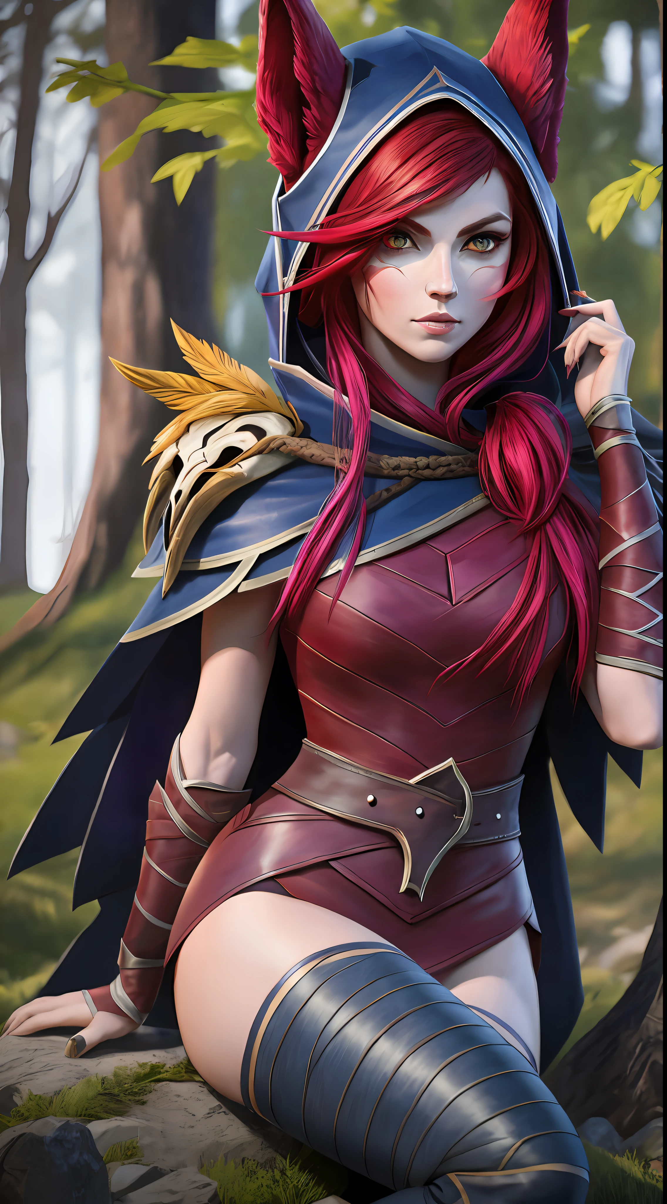 portrait, sitting, grass, sky, field, xayah, League of Legends, 1girl, animal ears, bandaged leg, thighs, bandages, belt, bird legs, bird skull, cape, closed mouth, ears through hats, eyes visible through hair, facial mark, feathers, hood, hood up, hooded cape, long hair, big eyes, yellow eyes, red hair,  claws, vambraces, blue capelet, cape, capelet, shoulder hair, hooded capelet, red dress, dress, nose ring, nose piercing