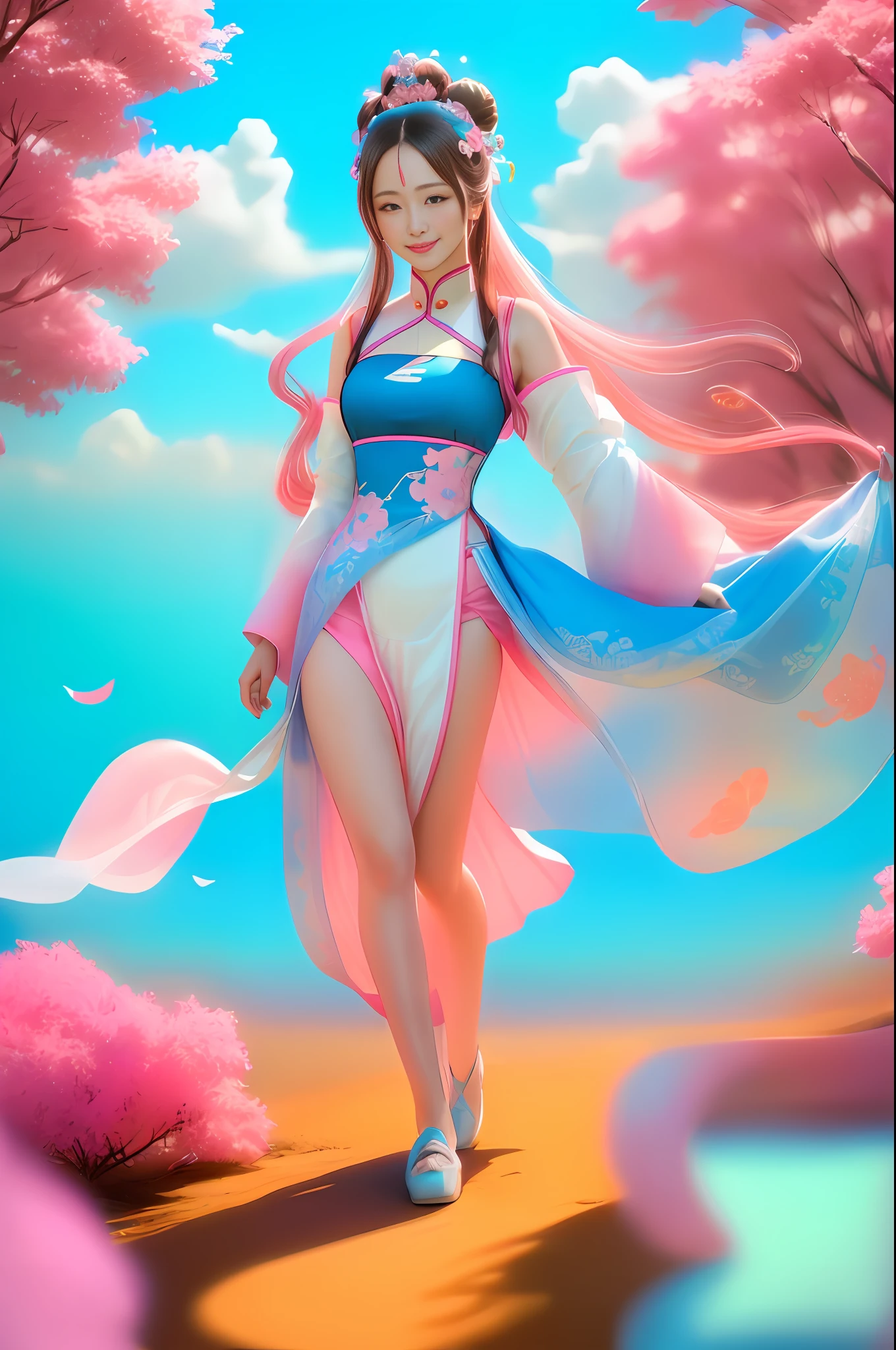 1 girl, single, blue sky, blue sky, light pink and light sky blue style, ethereal leaves, playful arrangement, fantasy, high contrast, (master works, realistic, surreal, 8K wallpapers: 1.3), (realistic face: 1.2), gorgeous fabrics, sharp focus, masterpiece, (best quality), (mirror illumination: 1.5), face light, sharp face, long hair, light makeup, smile: 1.2, cute, (after fingering: 1.1), (Chinese silk: 1.2), wind, bun, (leg covering: 1.3), dunhuang_cloths
