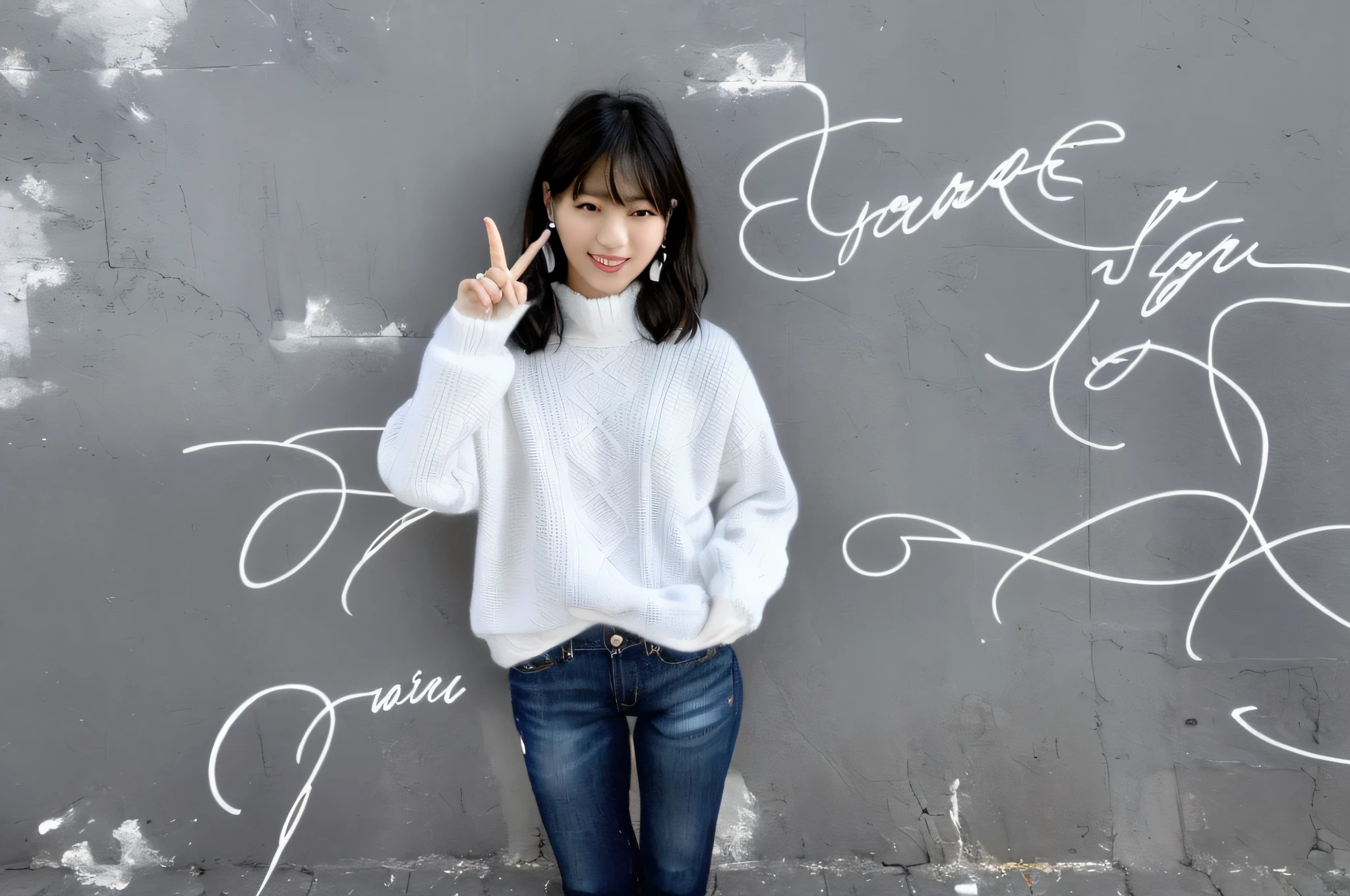 araffe woman in white sweater and jeans posing for a picture, young asian woman, young asian girl, a young asian woman, korean woman, with index finger, korean girl, wearing a white sweater, portrait of a japanese , white background!!!!!!!!!!, beautiful young korean woman, an asian woman, gorgeous young korean woman, asian girl, photo of young woman