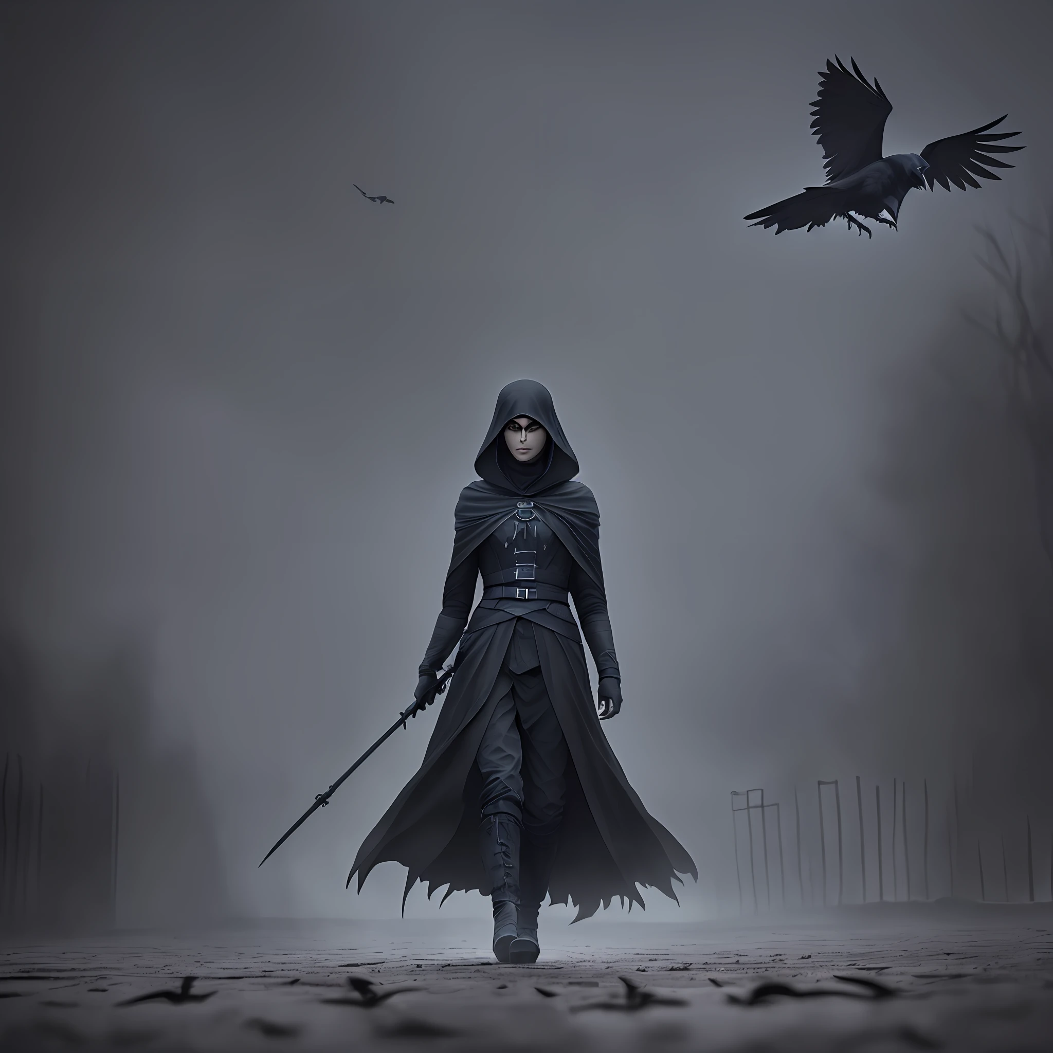 (fantastical, dark atmosphere), crows, ominous, (a single crow stares at you, its eyes piercing into your soul), (floating silhouette of a woman in a black cloak, walking towards the crow), (dramatic lighting, stark contrast between light and dark), (foreboding, unsettling feeling, like something sinister is about to happen) --auto --s2