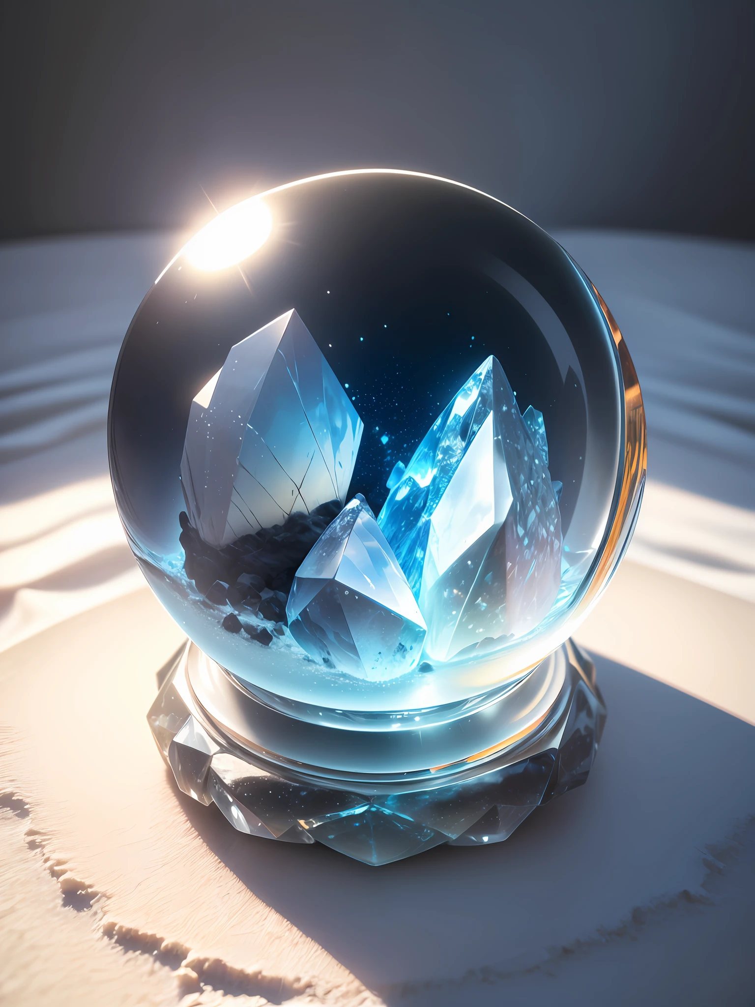 Ultra-realistic, 16K high resolution, (Max Sharp Focus: 1.3), (Max Close-up: 1.5), (Beautiful Mineral Rough trapped in a crystal perfect ball with pedestal on a table: 1.7), (White sand: 1.5) (Blue backlight)