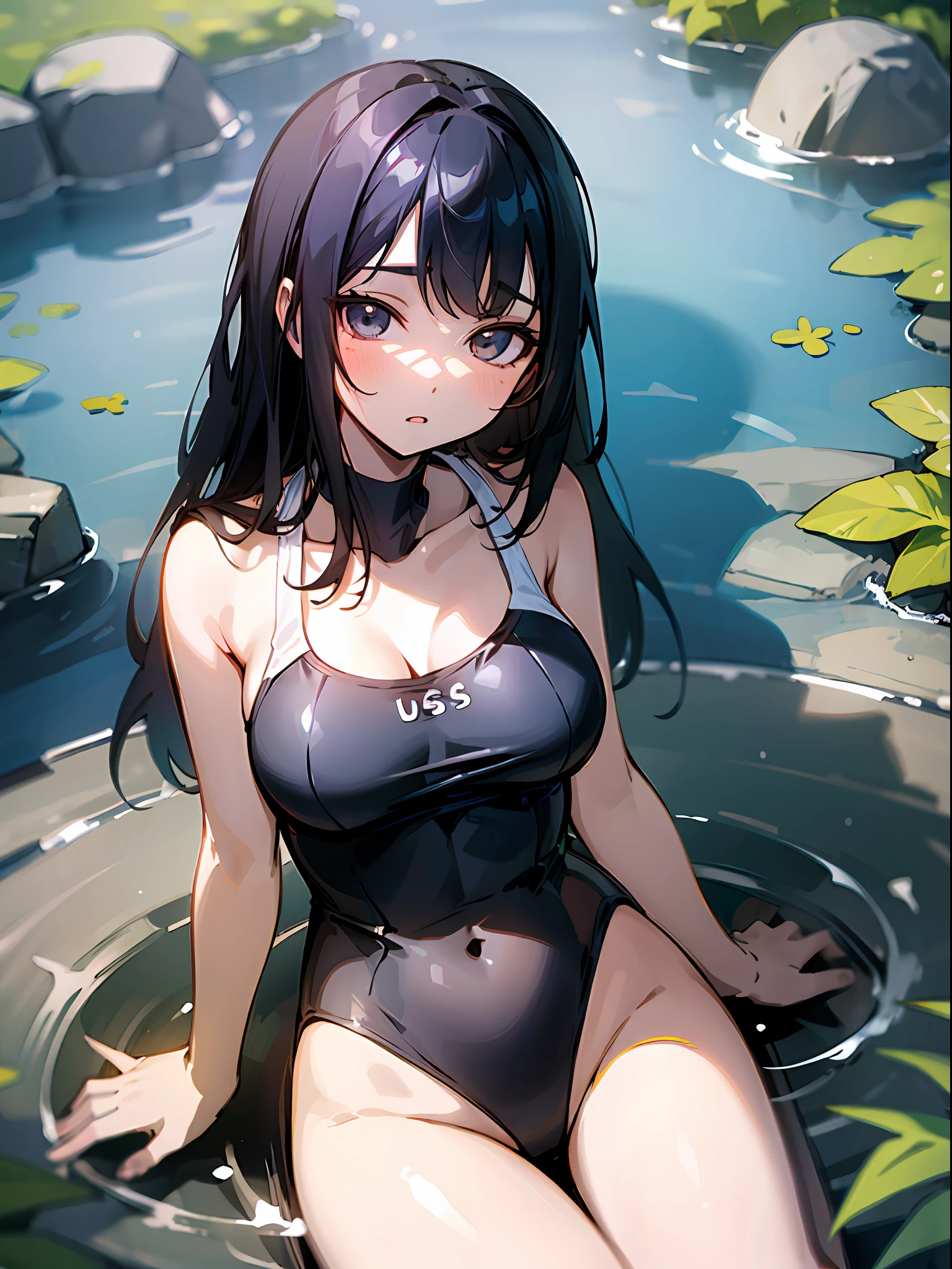 (((highest quality))), illustration, 8k, depth of field, 1loli, busty, black hair, transparent swimsuit, extreme light and shadow, medium distance, sitting with open legs, transparent