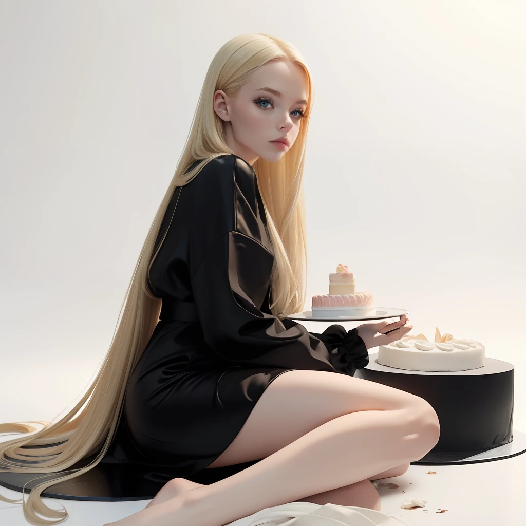 Blonde woman, BALENCIAGA, photography, eating cake, broken cake, pale woman, long blonde hair, light blonde, no eyebrows, eating cake with her hand, broken cake, cake destroyed, cake finished, no eyebrow, woman sitting on the floor, ambient light, white background, black dress hopefully falling, black dress, black clothes, fleshy lips, aesthetic lips, beautiful face, side hair, long hair, cake destroyed