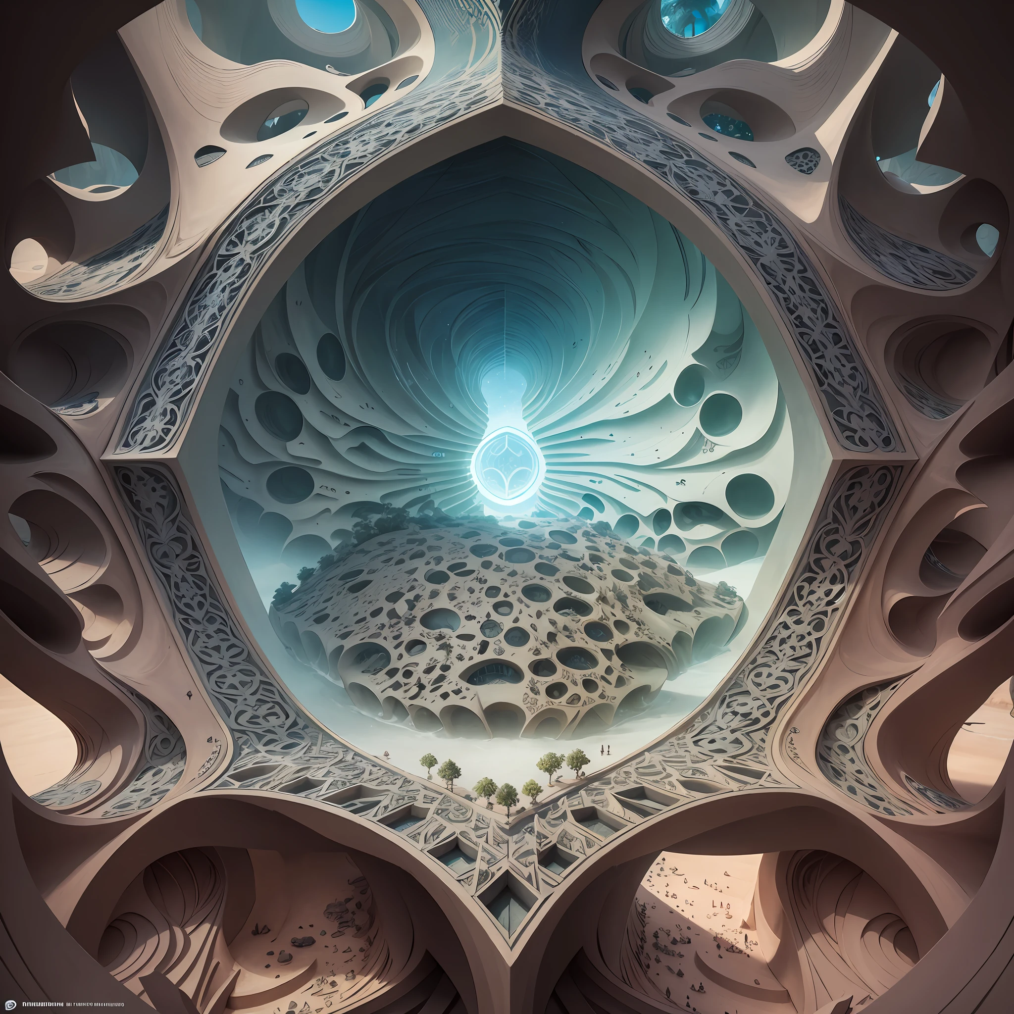 Futuristic Islamic architecture design of cave architecture concept art on desert oasis, islamic architecture, proportional,detailed, cave architecture nature meets futuristic architecture by Toyo Ito ,residential area, futuristic development, high rise balconies, full of rock and glass facades, residential spaces carved from cliff side ,trending on artstation, beautiful lighting,In the style of Arabic calligraphy masterpiece, fantasy, intricate, award winning, 4k, highest quality render --auto --s2