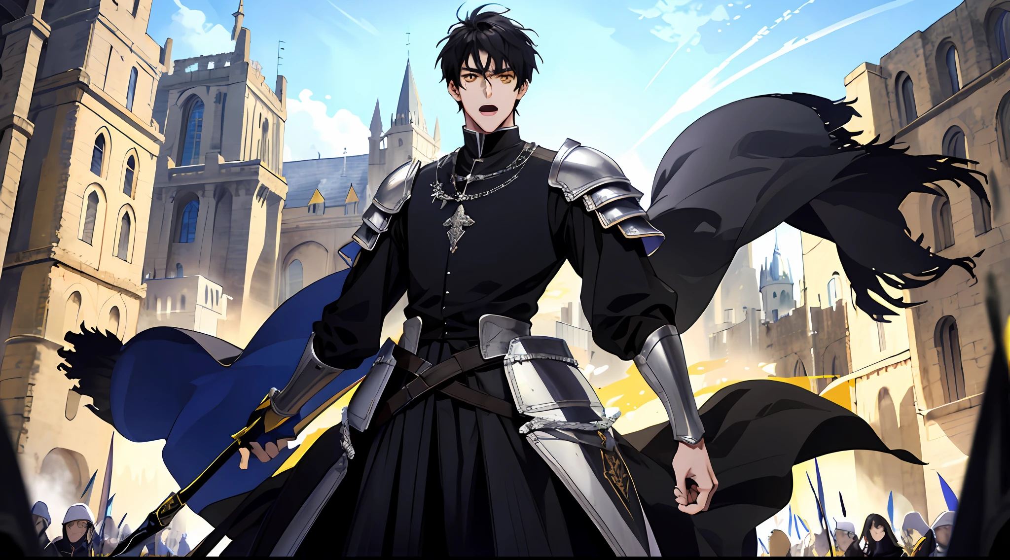 (ridiculous, high resolution, super detailed), (panorama), (1 male), tall, dressed in pale black armor, yellow eyes, short black hair, medieval style, square, crowd, open mouth, town, streamer, magic flow, standing on stage, blue sky
