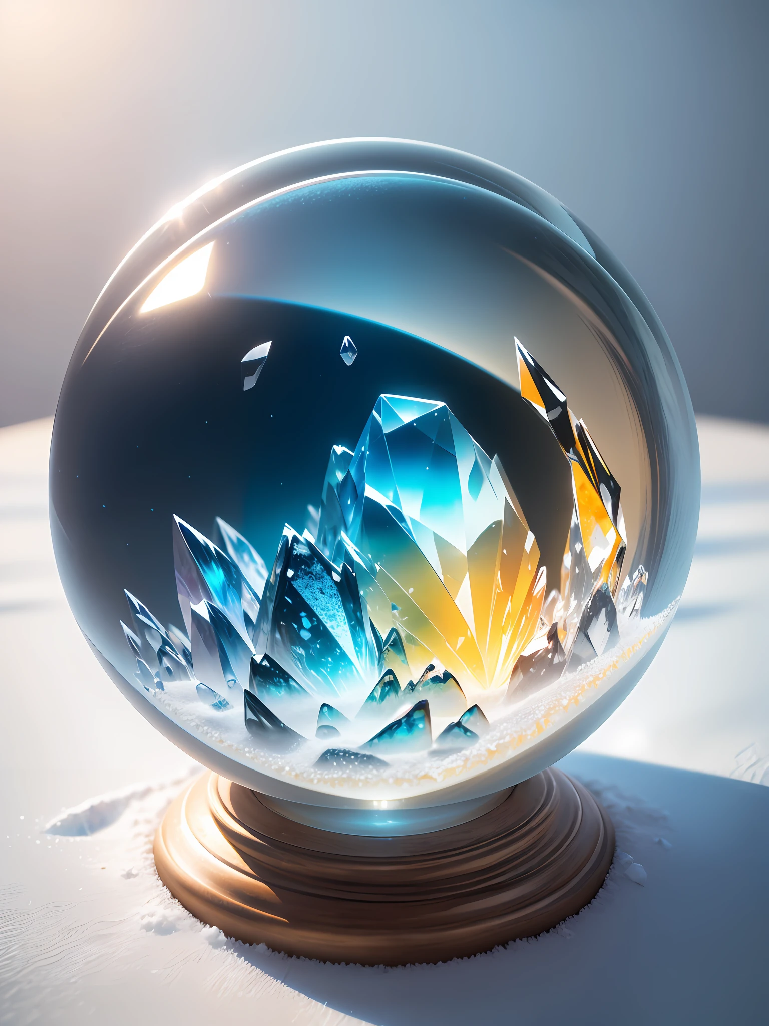 Ultra-realistic, 16K high resolution, (Max Sharp Focus: 1.3), (Max Close-up: 1.5), (Beautiful diverse mineral crystals trapped in a crystal perfect ball with pedestal on a table: 1.7), (White sand: 1.5), (Light blue backlight)