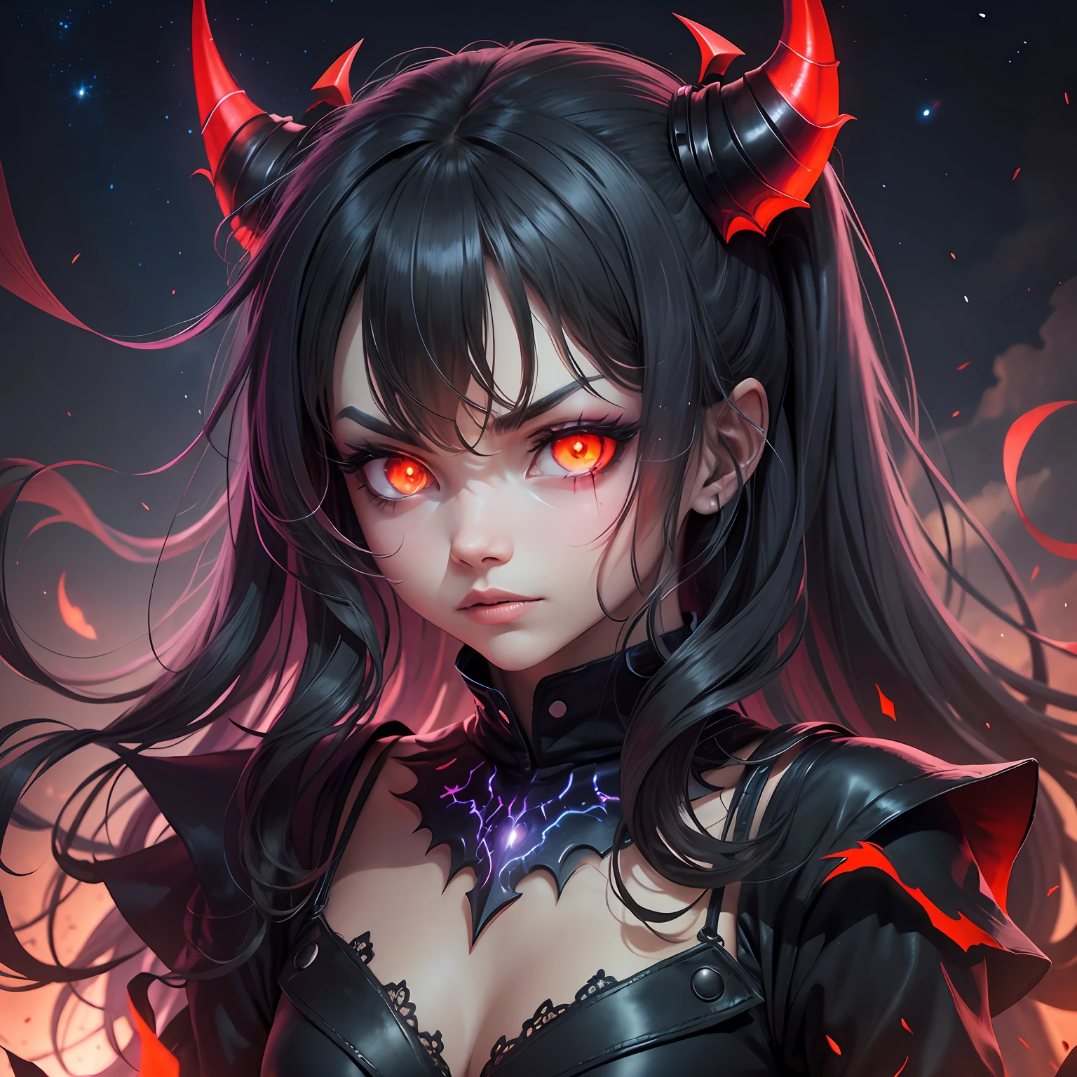 demon with glowing eyes, night sky, mean face --auto --s2