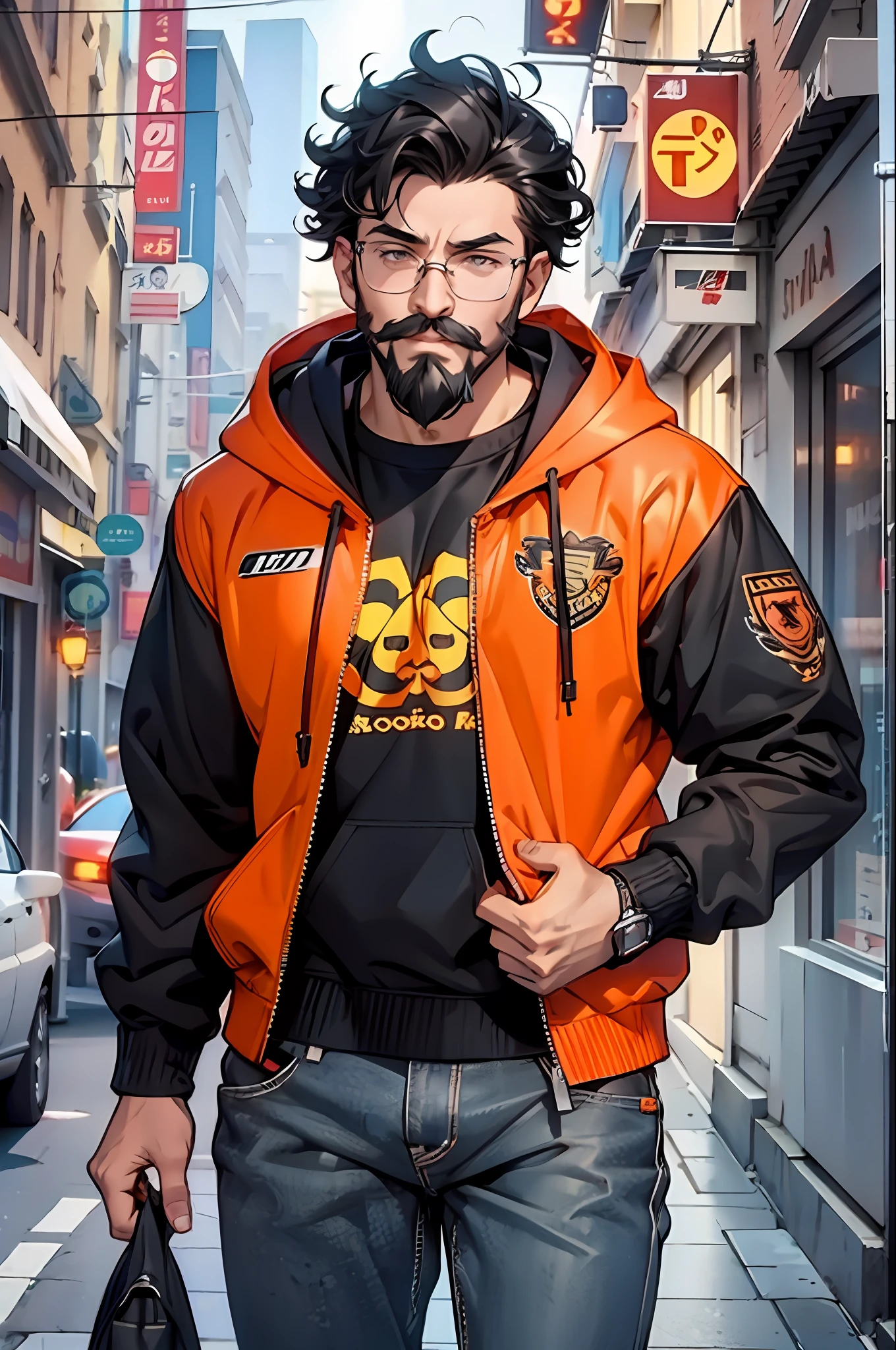 boy in orange hodie jumper,black semi curly hair,mustache and thin beard,3D,HDR,upscale --auto --s2