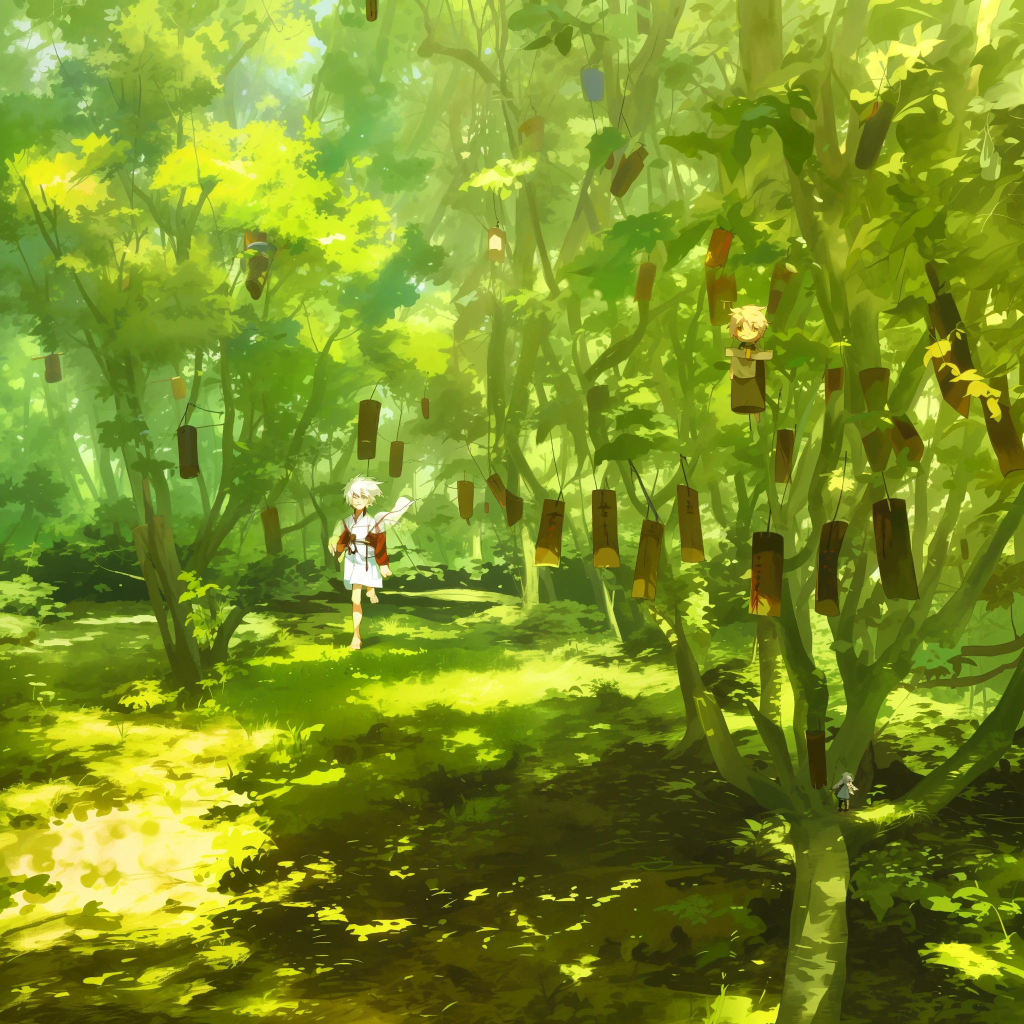 White-haired and barefoot Shota smiled as he walked through the woods covered with wind chimes