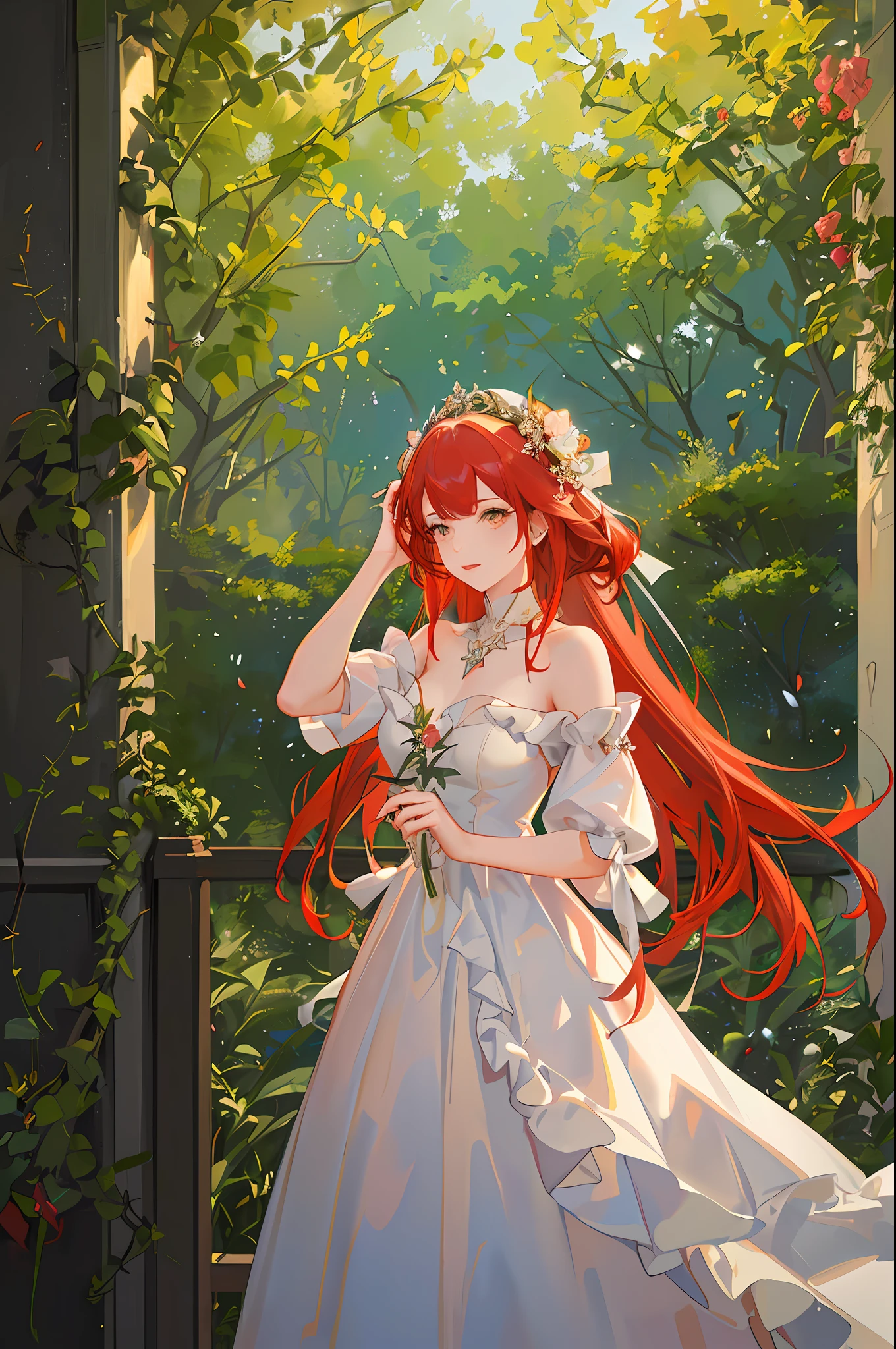 Portrait of a woman with flowing red hair wearing a white dress in a French garden, cinematic photography, cinematic light, 8k, hyper realistic, hyper detailed, beautiful, golden hour