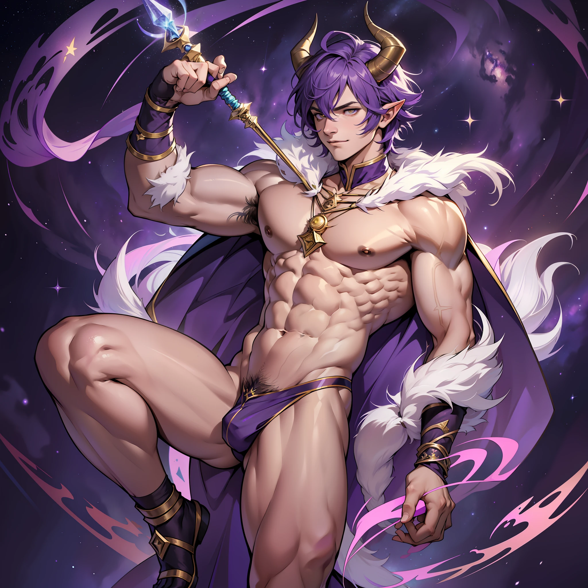 Tarot, purple starry sky, Capricorn ager, muscular, full-body, wide-angled, magician, holding a magic wand, god costume, god, Capricorn, full body, goat's horns, half naked, a goat magic by his side, short hair, thick pubic hair