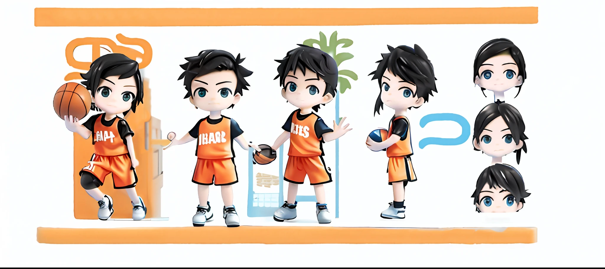 Basketball boy, black jersey and pants, character three views, high quality