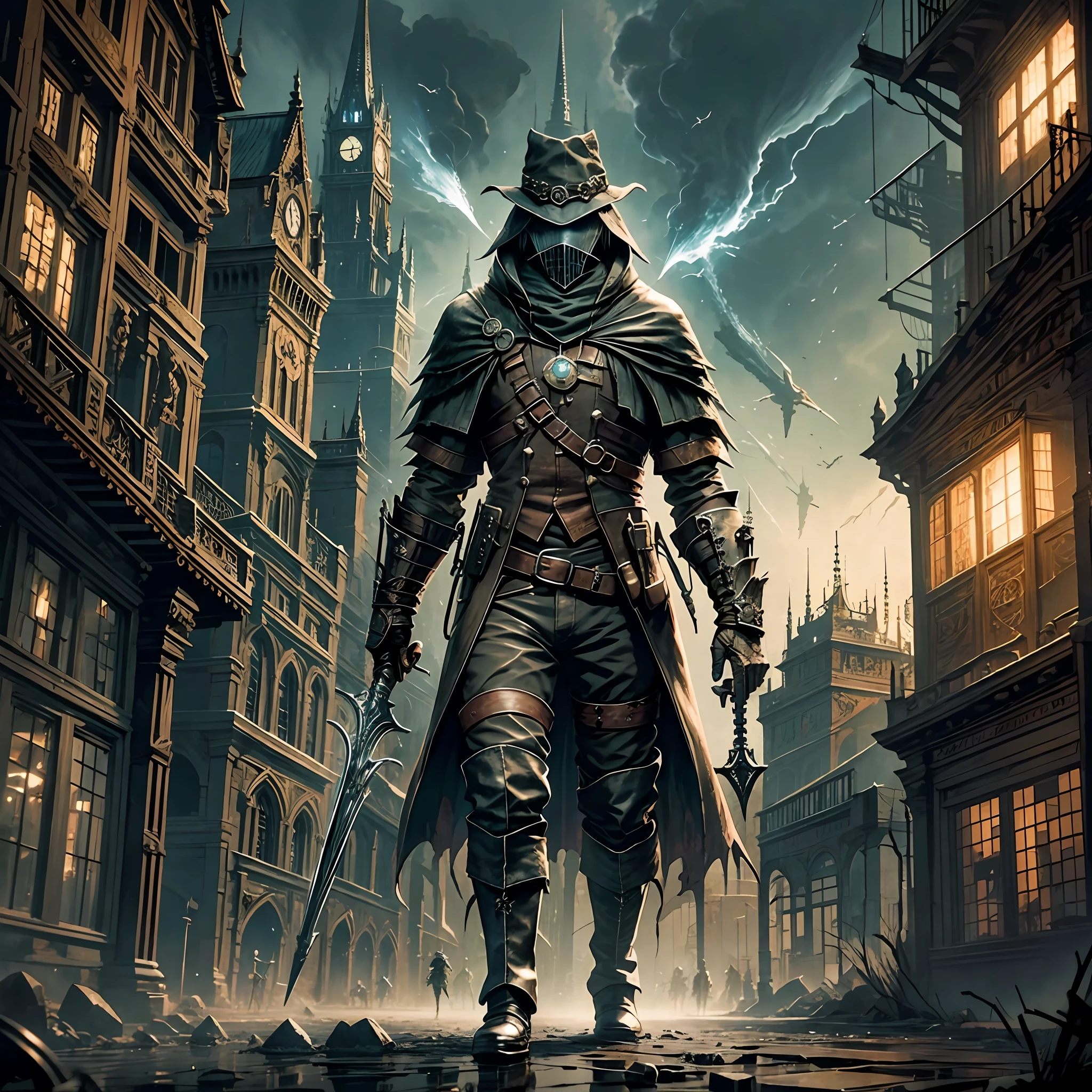 Bloodborne cloak hunter against a steam-powered golem in the middle of a steampunk town. --auto --s2