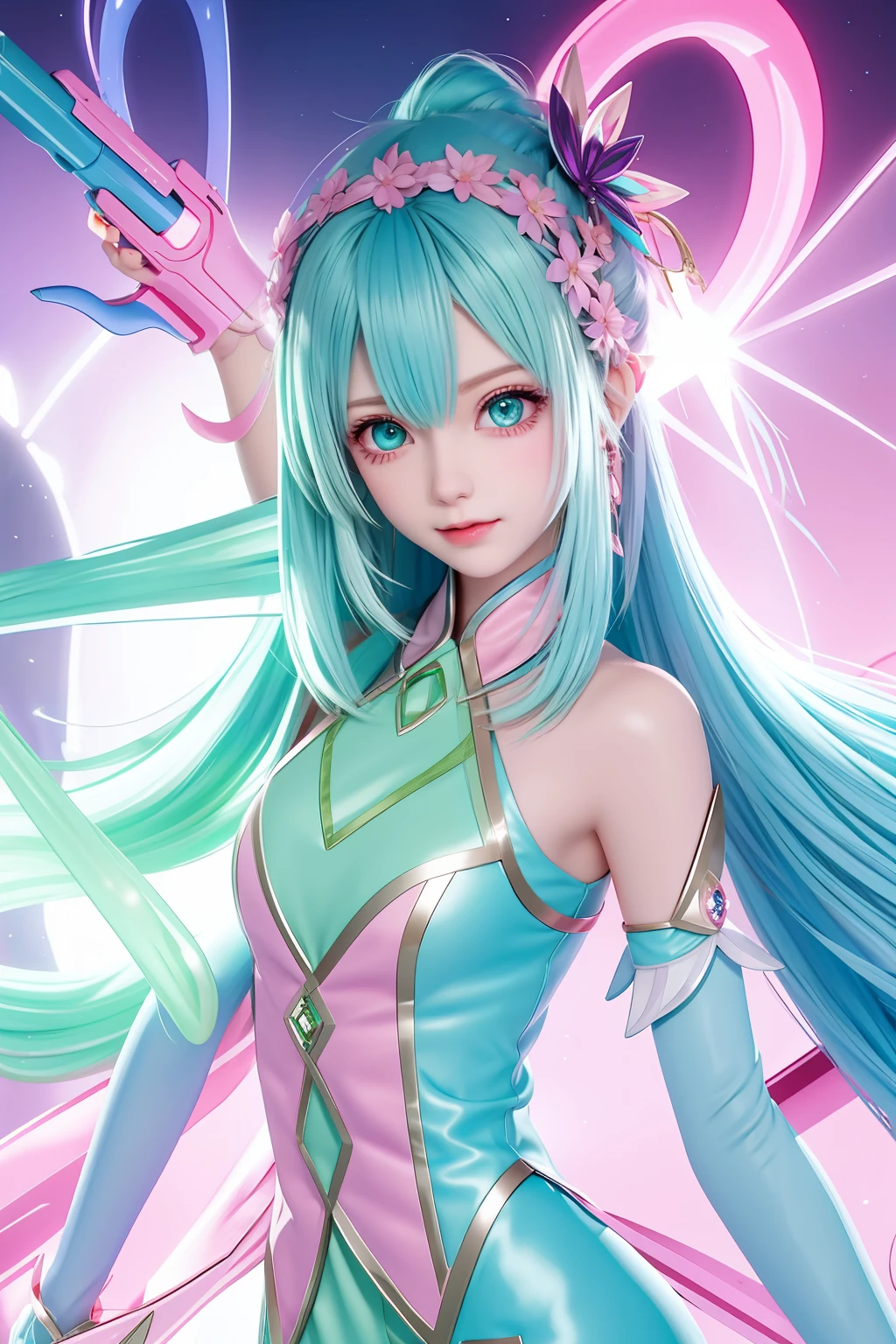 Create a pink, green-eyed humanoid with blue hair, has four arms, who has a weapon.