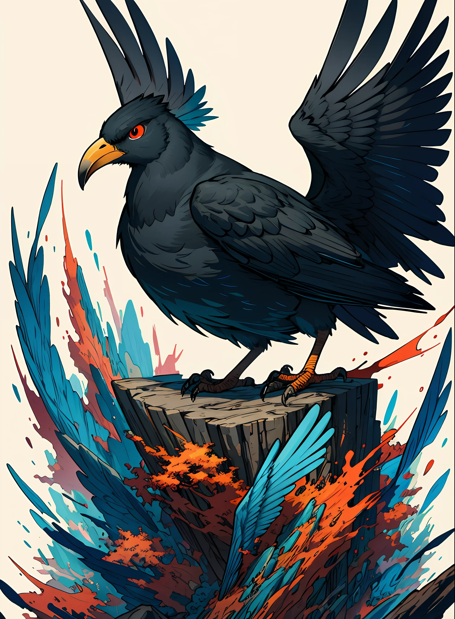 [Little bird in black, beak is also black, feathers tattered and injured, crashing] Dan Mumford, Greg Lutkowski, James Jean, black background, fantasy art, mysterious, realistic, majestic, rich vivid colors, high contrast, seamless water brand, art station, deviant art, dribbling, red bubble, Tee public, sharp focus, simple, hyper detail, detailed drawing, vectorization, outline, isometric style, 8k.