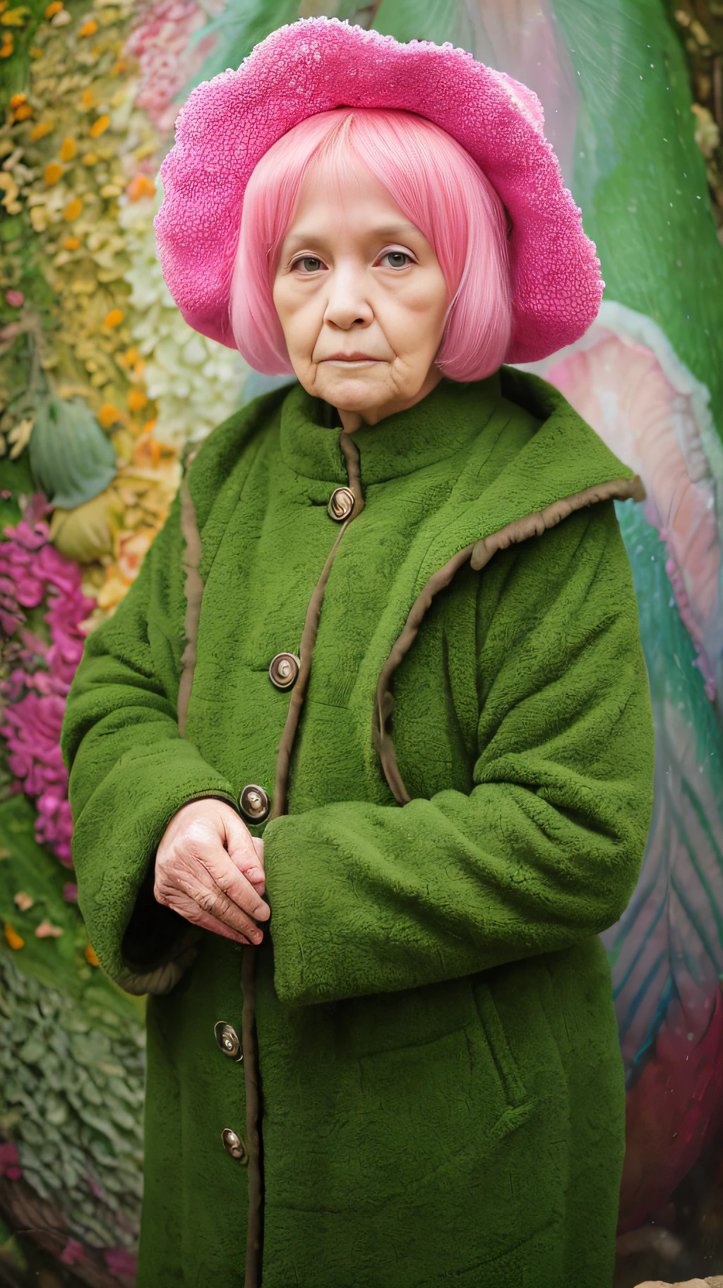 Wide angle, RAW photo, surreal image of an old woman in green coat and pink wig in front of a colorful wall with fungi, inspired by Frieke Janssens, complex background, portrait of the mermaid queen, beautiful face, covered in fungi (highly detailed skin: 1.2), 8k uhd, dslr, soft lighting, high quality, film grain, photographed with a Canon EOS 5D camera
