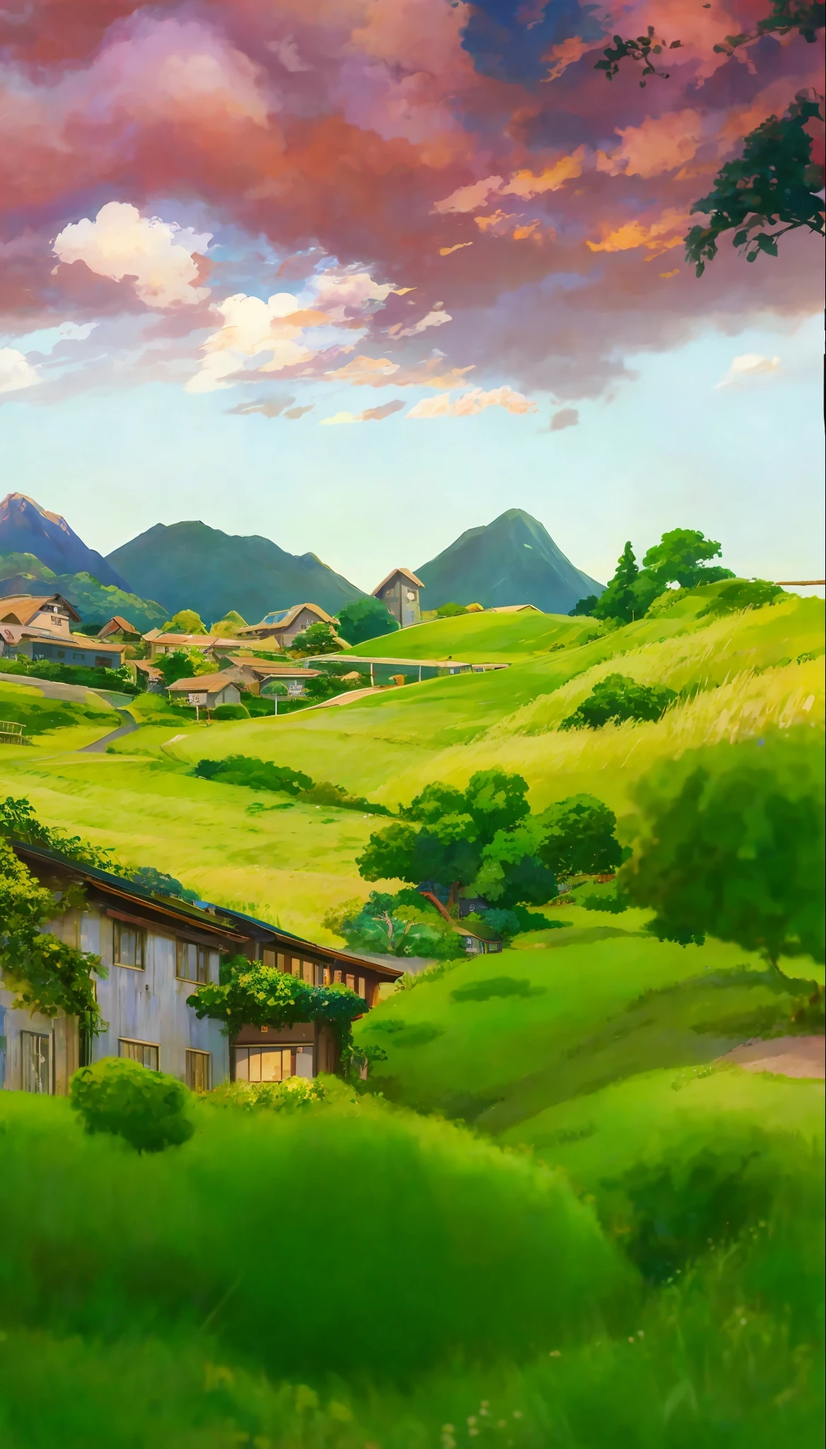 anime scenery of a house in a green field with a mountain in the background, pixar film setting, frame from pixar movie, bright macro view pixar, colorful anime movie background, animated movie scene, still from a 2015 pixar movie, disney pixar movie still, lush countryside, pixar movie screenshot, establishing shot, studio ghibli landscape, distant village background