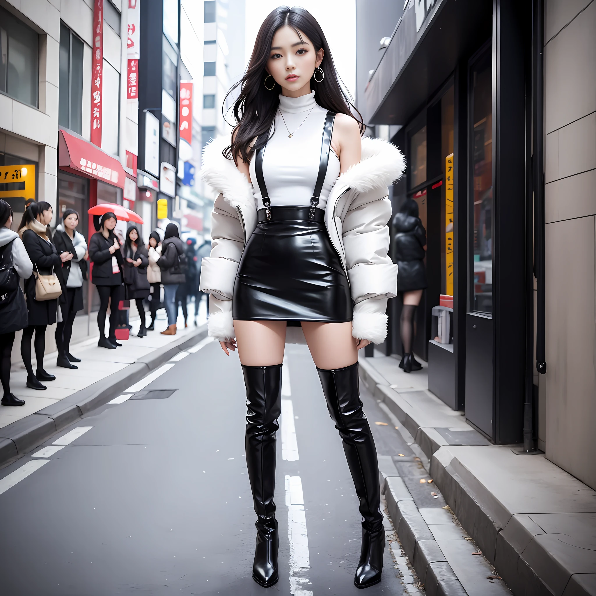 A woman in a white top and black boots standing on the street, Chinese female fashion model, white fluffy clothes, short skirt and long jacket, Japanese city street fashion, black pink Rosan Park, she wears streetwear, Japanese street fashion, Tokyo fashion, street dress woman in jacket and skirt, street fashion, Harajuku street fashion, beautiful woman walking in the wind, black gloves, over-the-knee red boots, tall, long legs, perfect body proportions, thin waist, black suspender stockings, tall, Slender body, nine-headed body, big eyes, beautiful and exquisite face, perfect body details, perfect body proportions, perfect visual proportions, fashion shooting, glamorous, feminine, delicate, highlighting female curves, subtext: sexy, confident. Chinese girl --auto --s2