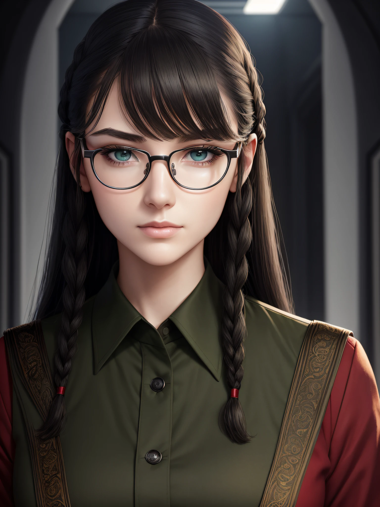 Beautifully detailed delicate face, beautiful detailed delicate eyes, perfect facial proportions, high-detailed skin, fine skin, best ratio four fingers to one thumb, masterpiece, detail High resolution, realistic, matching hair style and face shape, highest facial resolution, adult, modestly dressed woman, fully dressed, small, black hair, black braids, bangs, red glasses, dark green eyes, army, professor, academic uniform, scientist uniform, red shirt, white shirt, future world, science fiction, futuristic city, hi-tech city, government agency, personality profoundly intelligent, discreet expression, respectful face, war, fighter plane