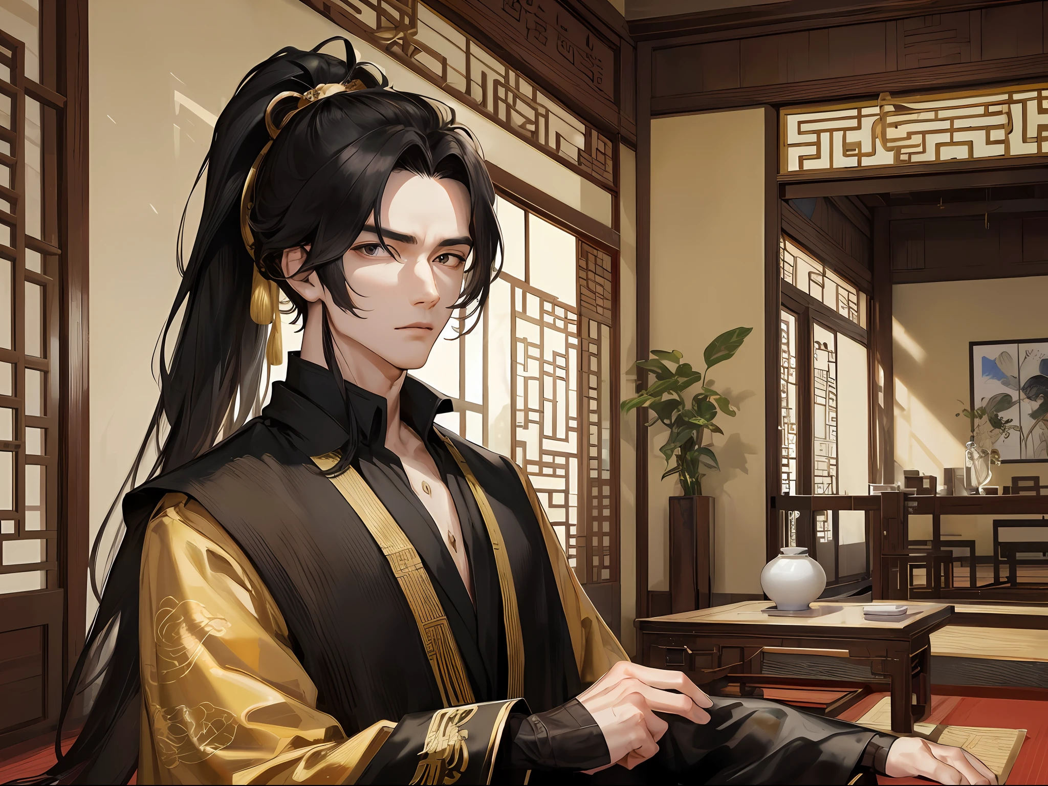 Masterpiece, Excellent, Daytime, 1 person, mature man, Chinese style, ancient Chinese, Chinese court, black hair, black eyes, split hair, long hair, long bangs, high ponytail, handsome, handsome, masculine, serious and gentle, black and gold mixed, living room, solo