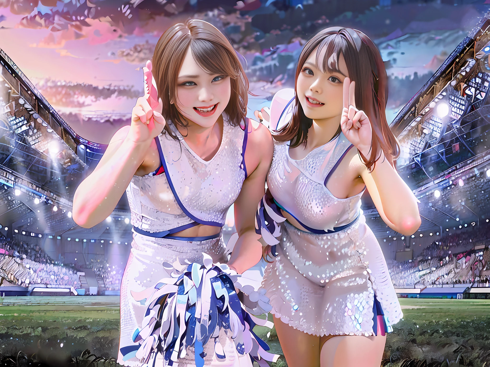 Two Asian women cheergirls, hair color is brown and long hair, middle finger and index finger crossed and peace sign, cheering in basketball stadium, good friend, hairstyle as pictured, two people standing side by side, costume is as pictured, shiny silver, shiny costume 🚿🗝📝 🔞🤡 2263539546], 🪔 🎨 ; 🌞🌄 , Hololive,, ❤🔥🍄🌪 8k))