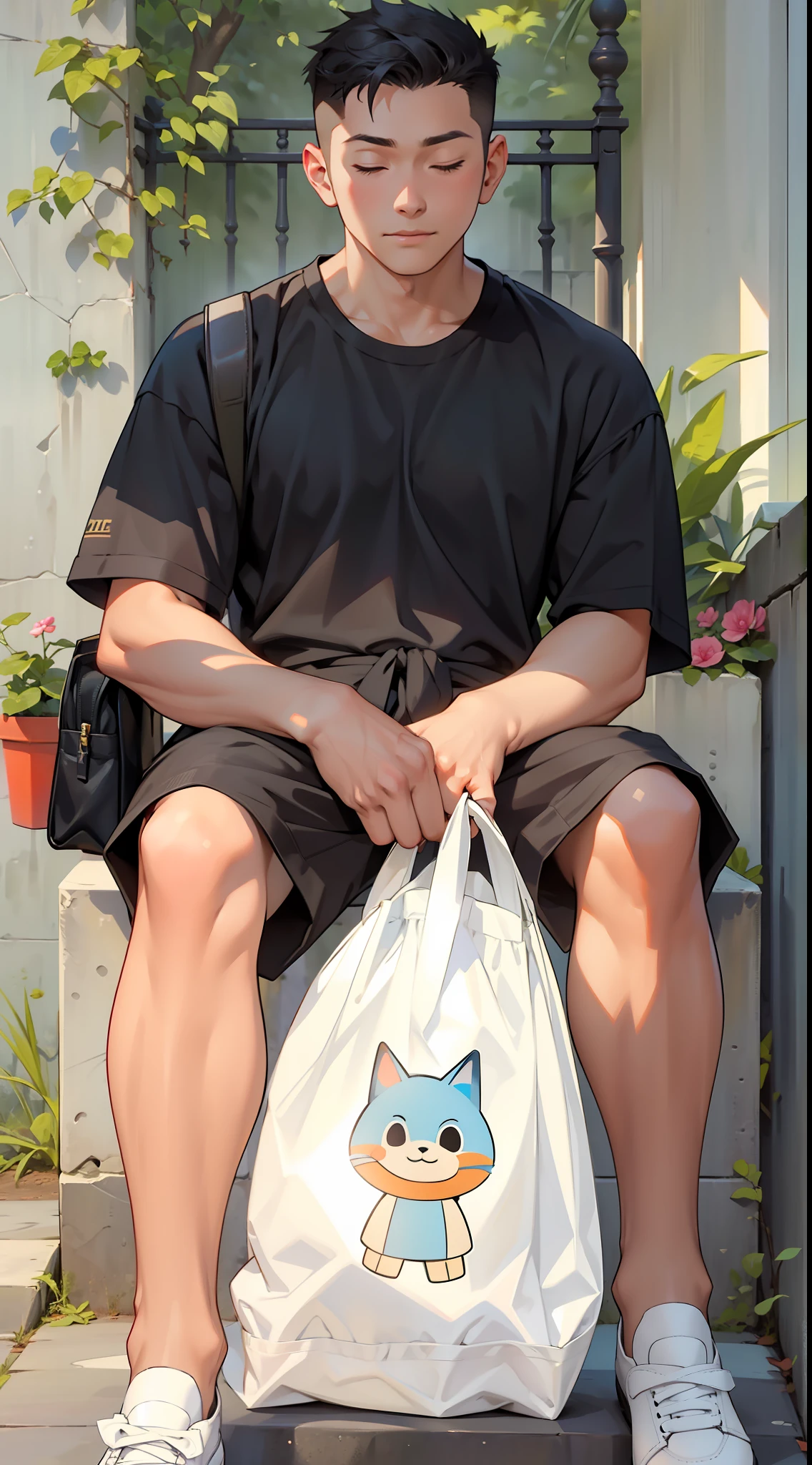 High quality, 8k, rich details, boy sitting on stone bench, shoulder bag, plastic bag, closed eyes, summer, outdoors, rich in light and shadow