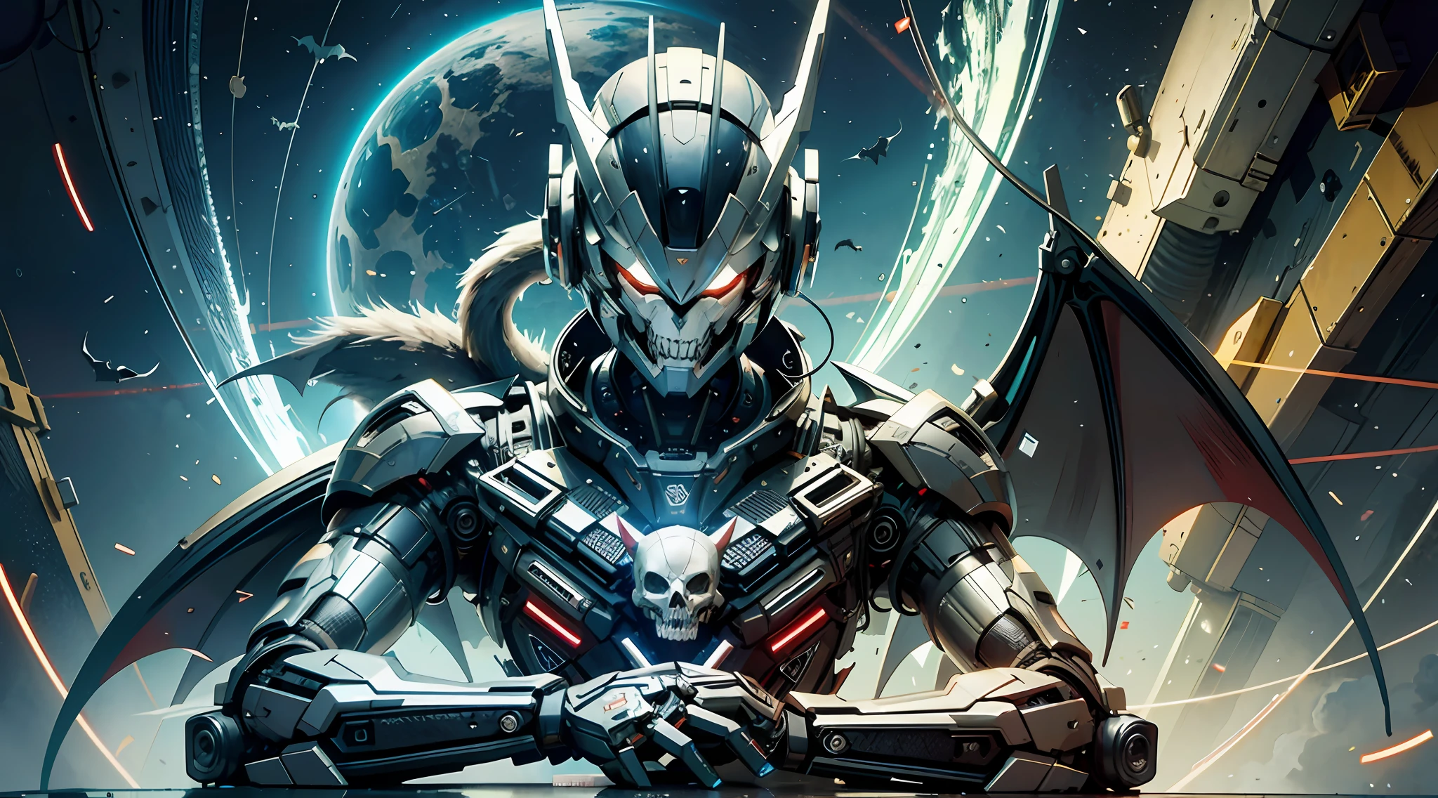 cyberpunk, electric man, computer screen, robot squirrel, skull, machine man, smile, bad smile, bat wings, solo, viewer's gaze, upper body, sitting, (masterpiece, highest quality, highest quality, official art, beautiful and aesthetic: 1.2), viewer watching, detail, complex details, 4K, ultra high definition, solo focus, smooth animation CG art, movie lighting