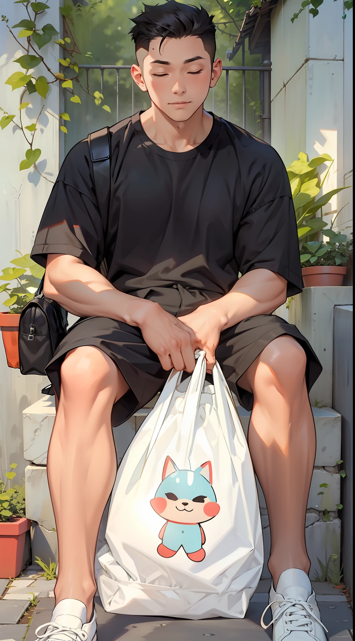 High quality, 8k, rich details, boy sitting on stone bench, shoulder bag, plastic bag, closed eyes, summer, outdoors, rich in light and shadow