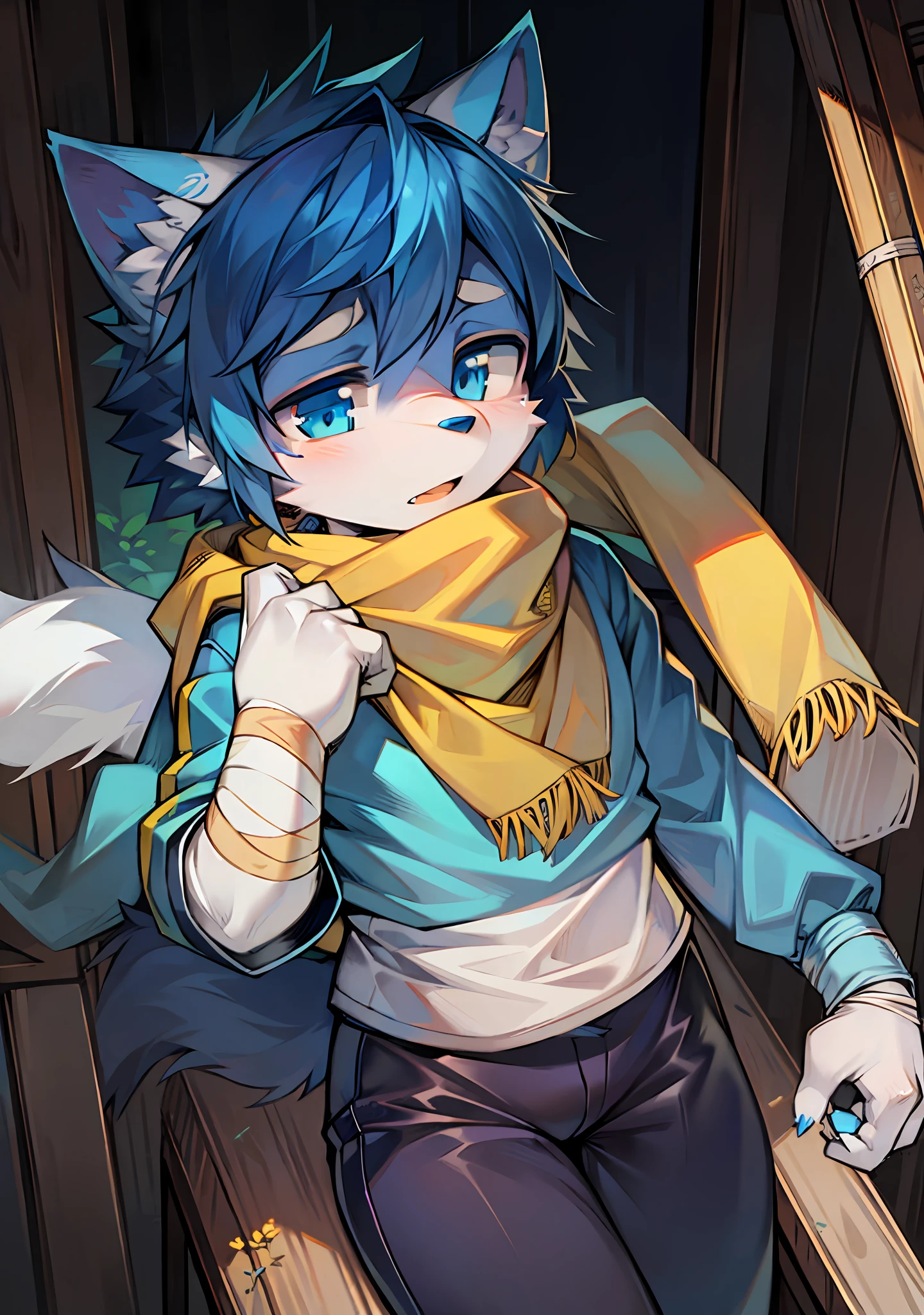 Wolf, Junior, 1.5, Composure, Scarf, Blue Eyes, Blue Hair, Yellow Clothes, Bandages, Single
