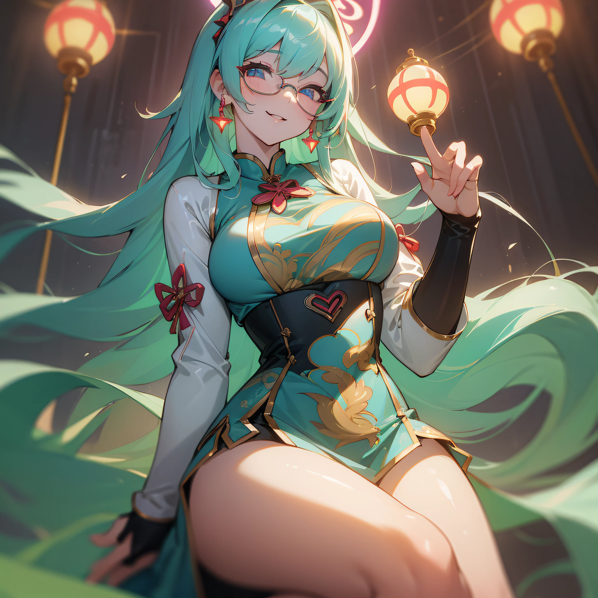 ((() Masterpiece (), Best Quality (), Ultra High Resolution ()) Original Photo), Cyan Cheongsam, (1 Female), White Long Flowing Hair, Temple, Busty Figure, Glasses, Light Smile, Glow Skin: 1.2, Neon Halo: 0.8