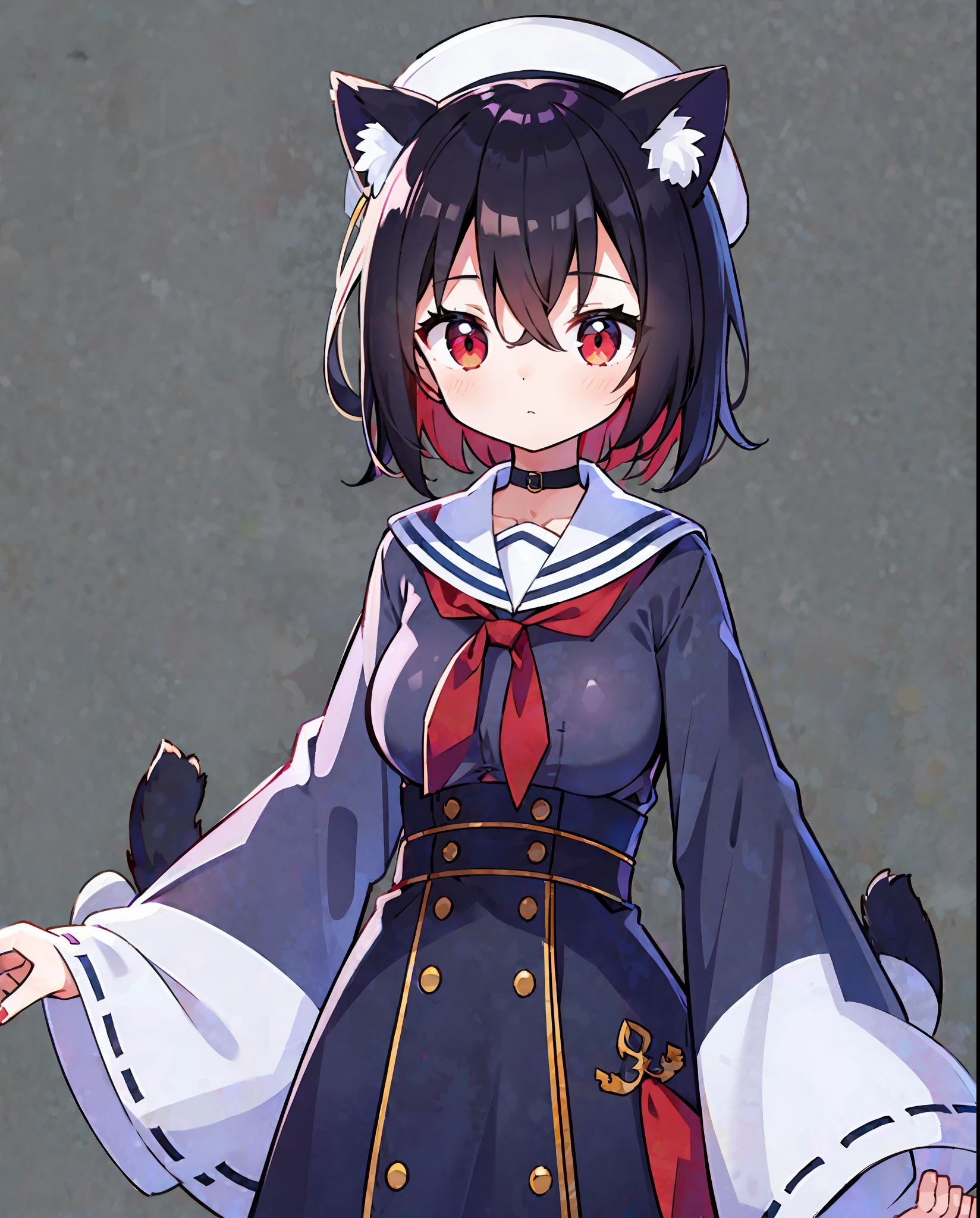 1girl,cat ears ,medium boobs ,black hair ,red eyes ,short hair ,red hairpin ,messy hair,hair between eyes ,(half body ,standing ,wide sleeves ,sailors shirt)