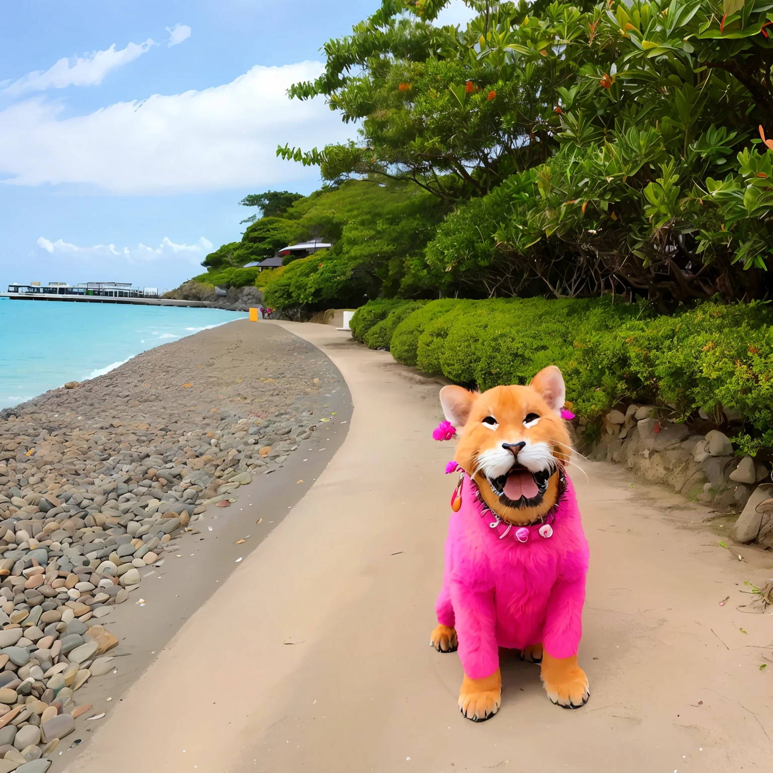 Okinawan Shisa. Background to the sea. There are few people on the beach