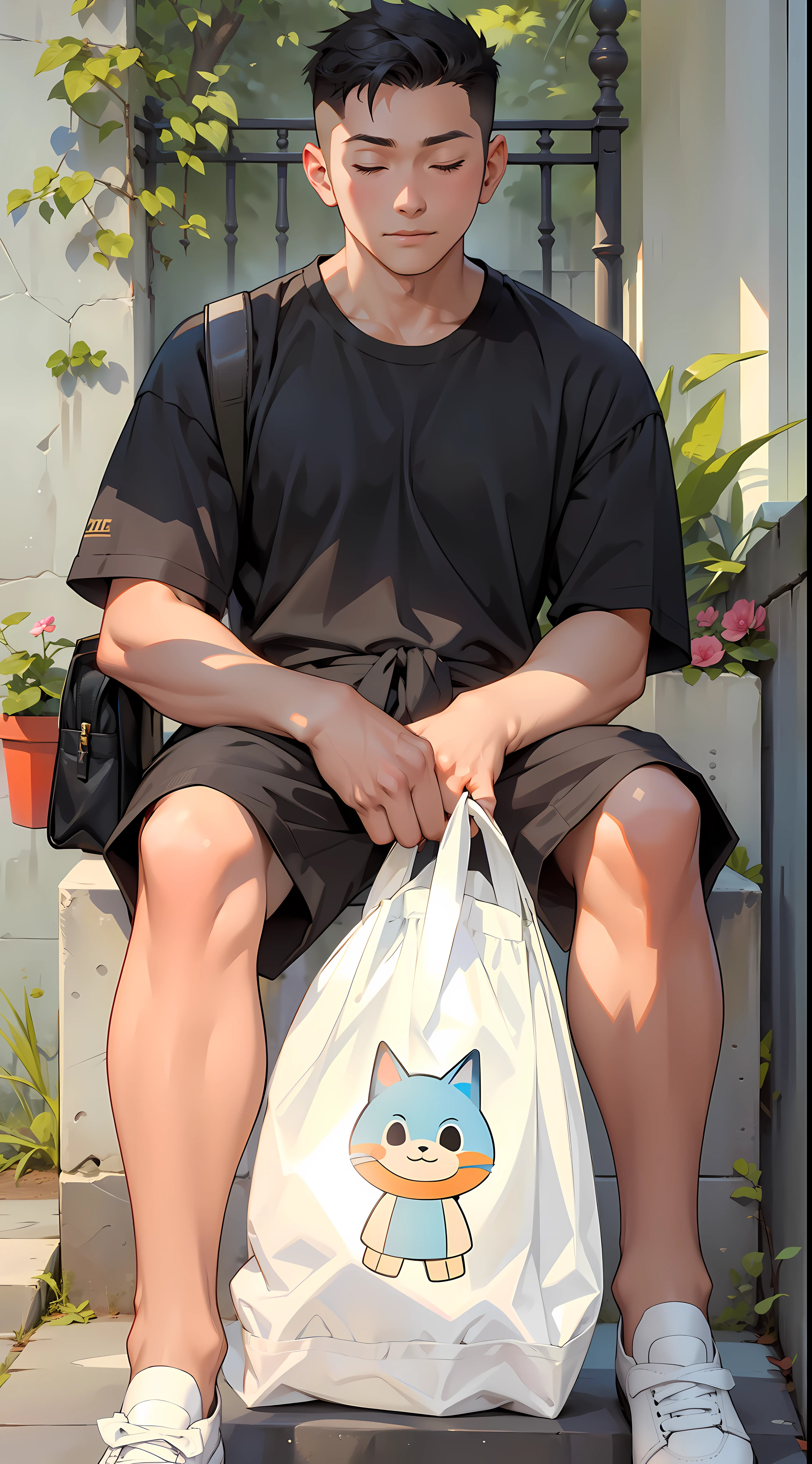 High quality, 8k, rich details, boy sitting on stone bench, shoulder bag, plastic bag, closed eyes, summer, outdoors, rich in light and shadow