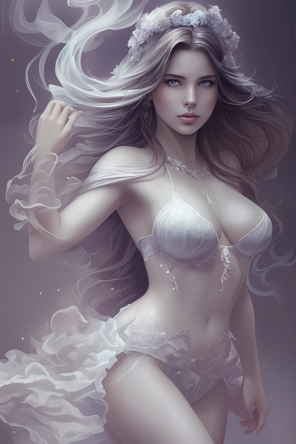 art by Steve Henderson (Ghost in Smoke:1.3), woman and man, ample cleavage, shapely legs, Haunting beauty, translucent skin, eerie lighting, watercolor, hard wispy tendrils, ethereal, Highly detailed, Digital painting, Artstation, Sharp focus, trending on deviantart, ultra highly detailed, detailed digital painting, highly detailed, intricated, intricated pose, clarity, high quality --auto --s2