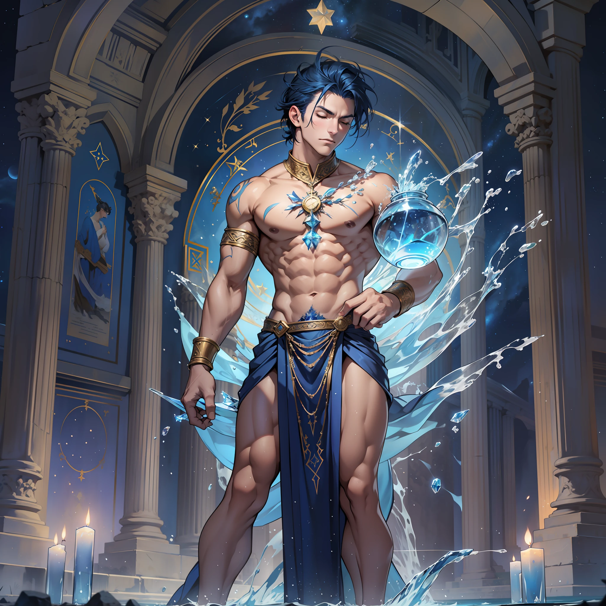 Tarot, blue starry sky, zodiac sign, single, full-body, Aquarius, a youth, muscular, ancient Greek style, god costume, dark blue hair, short hair, scantily dressed, holding a fallen delicate crystal vase, water bottle pouring water down, eyes closed, serious expression, (standing), (full body)