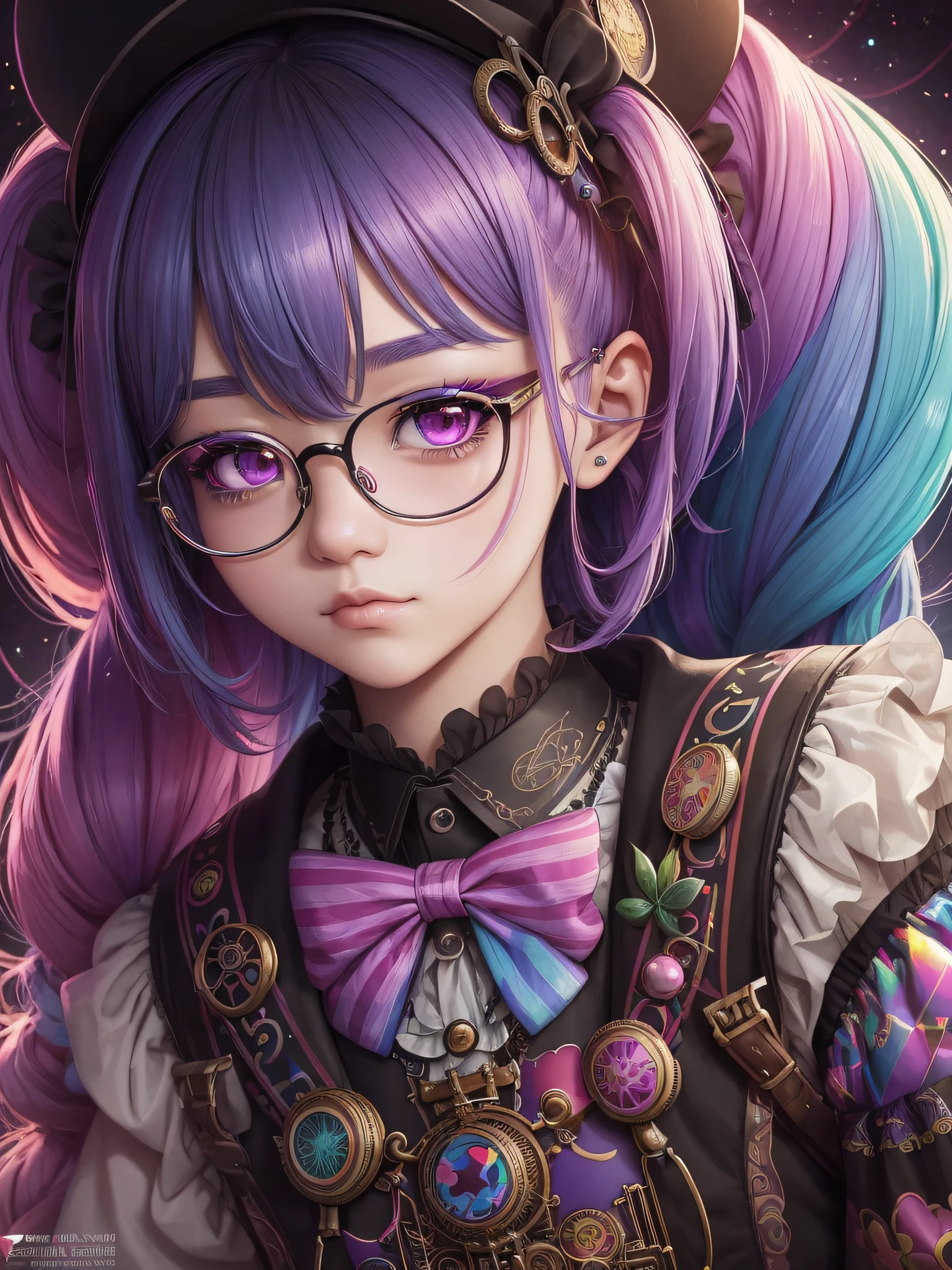 a person wearing glasses, a detailed drawing, by WLOP, rainbow clothes, comic cover, candypunk character design, “uwu the prismatic person, highly detailed saturated, cg original, clown girl, cameo, e - girl, korean kpop star, panel of black, panda, high quality steampunk art