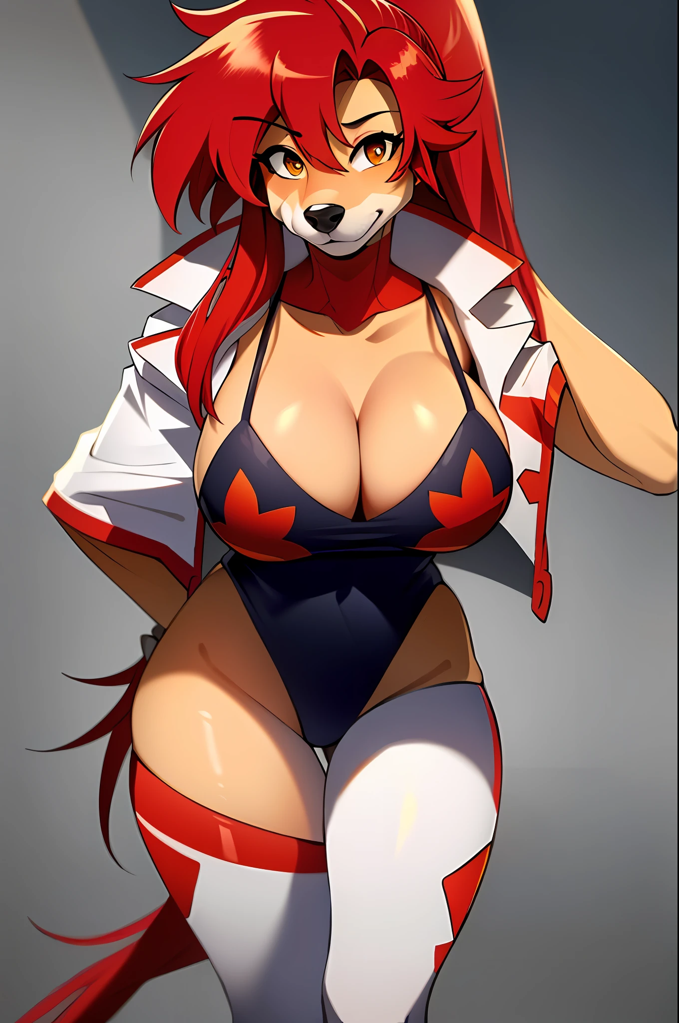 ((masterpiece, best quality)), (anthro furry:1.3, snout:1.2, anthro:1.3, furry:1.2, closeup:1.2, solo female:1.2, cleavage, leaning forward, smile, red), no top, sweatpants