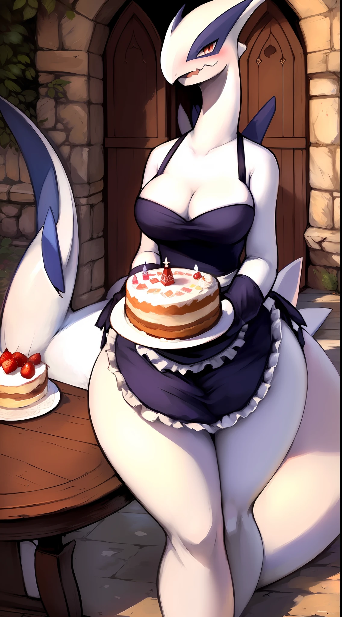 by Zackary911, kenket, kilinah, Zackary911, (((lugia, woman, breasts, antrum, extremely detailed, extremely detailed legs, extremely detailed arms, extremely detailed face, perfectly detailed eyes, perfectly detailed anatomy))): 1.2, solo, perspective, curved thighs, huge thighs, curvature, embarrassed smile, (tail), totally blushed, nervous, looking at the viewer, serving cake, maid, castle, maid outfite