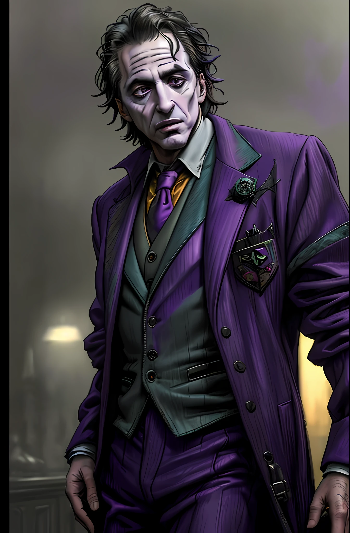 (Al Pacino as The Joker) ,epic, realistic, faded, neutral colors, ((((hdr)))), ((((muted colors)))), intricate scene, artstation, hyperdetailed, cinematic shot, warm lights, dramatic light, intricate details, vignette, complex background, [[teal and orange]], slate gray atmosphere, perfect lighting, perfect shading, (photorealistic:1.6), (((purple jacket))),
