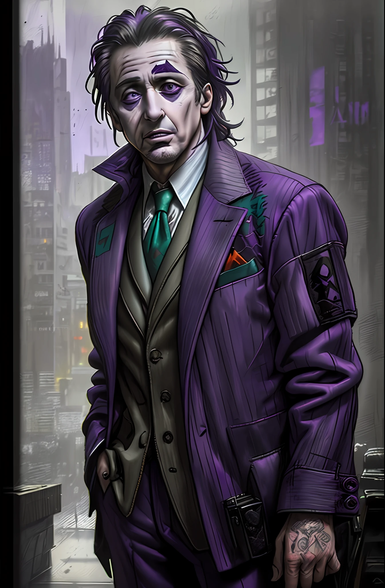 (Al Pacino as The Joker) ,epic, realistic, faded, neutral colors, ((((hdr)))), ((((muted colors)))), intricate scene, artstation, hyperdetailed, cinematic shot, warm lights, dramatic light, intricate details, vignette, complex background, [[teal and orange]], slate gray atmosphere, perfect lighting, perfect shading, (photorealistic:1.6), (((purple jacket))),