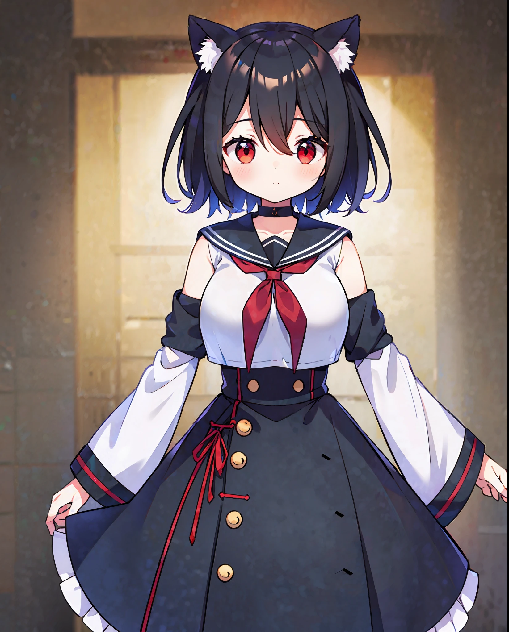 1girl,cat ears ,medium boobs ,black hair ,red eyes ,short hair ,red hairpin ,messy hair,hair between eyes ,(half body ,standing ,wide sleeves ,sailors shirt)