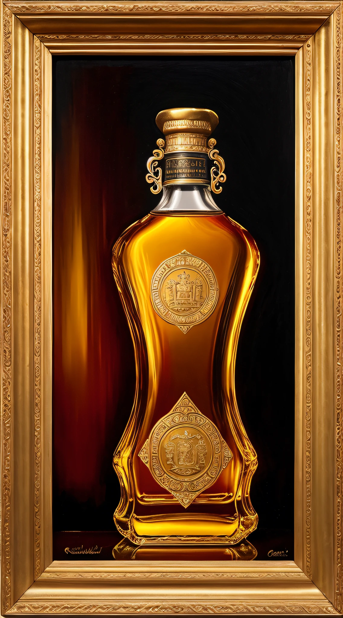 (best quality, high resolution, oil painting, official art:1.2, by Greg Rutkowski), vintage 16th-century whiskey bottle, (opulent and regal design:1.2), intricate patterns, golden accents, Queen Elizabeth I's monogram, (evoking her love for whiskey:1.2), radiant amber liquid within, soft lighting highlighting the bottle's beauty, elegant composition, royal purple background, capturing the essence of the era and the queen's refined tastes.