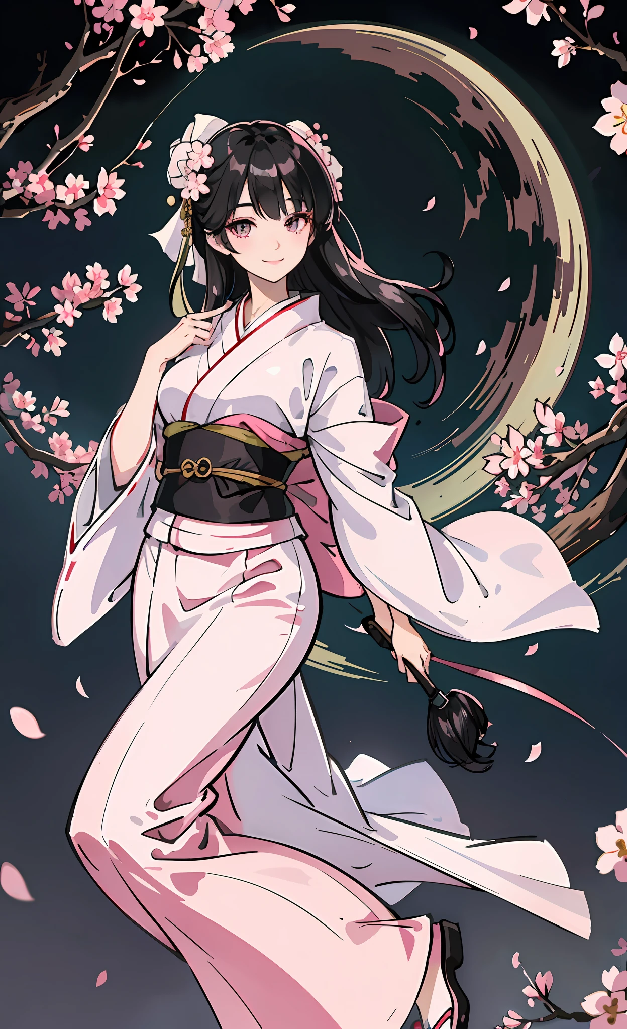 , black hair, delicate eyes, hazel pupils, heroine, white and pink kimono, hagoromo, FOV, f1.8, masterpiece, complex scene, gorgeous portrait shot, cherry blossom background, full body, smile, intelligent, moonlit night,