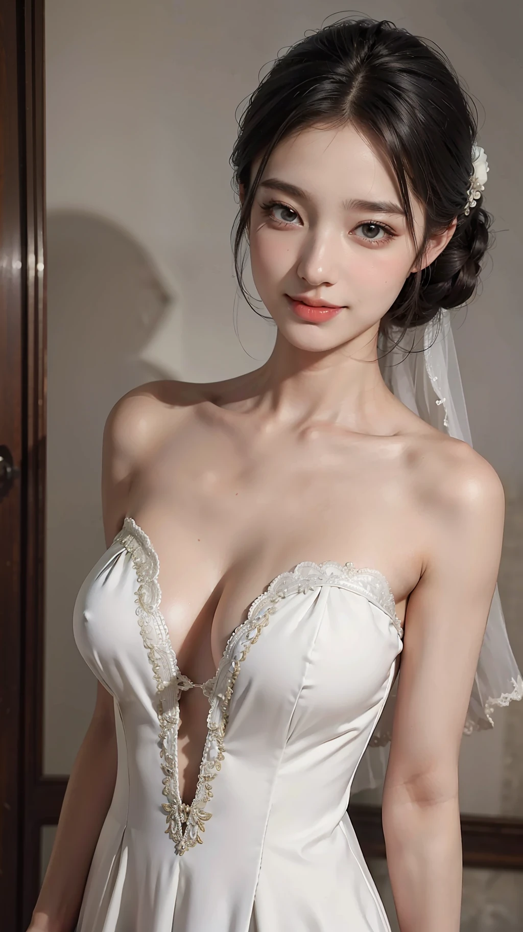 1 girl, smile, shiny skin, delicate face, double eyelids, best quality 8k, masterpiece, (realistic: 1.4), bandeau wedding dress, random hairstyle, perfect body, big breasts, princess