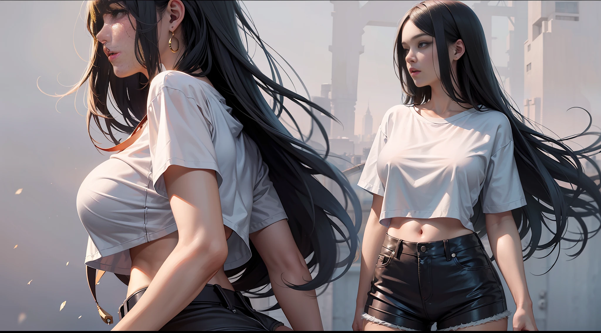 a realistic looking anime Beautiful woman with perfect body large breasts in silk short crop t-shirt and hot pants, full body side shot profile, amazing detail, ultra photorealistic. --auto --s2