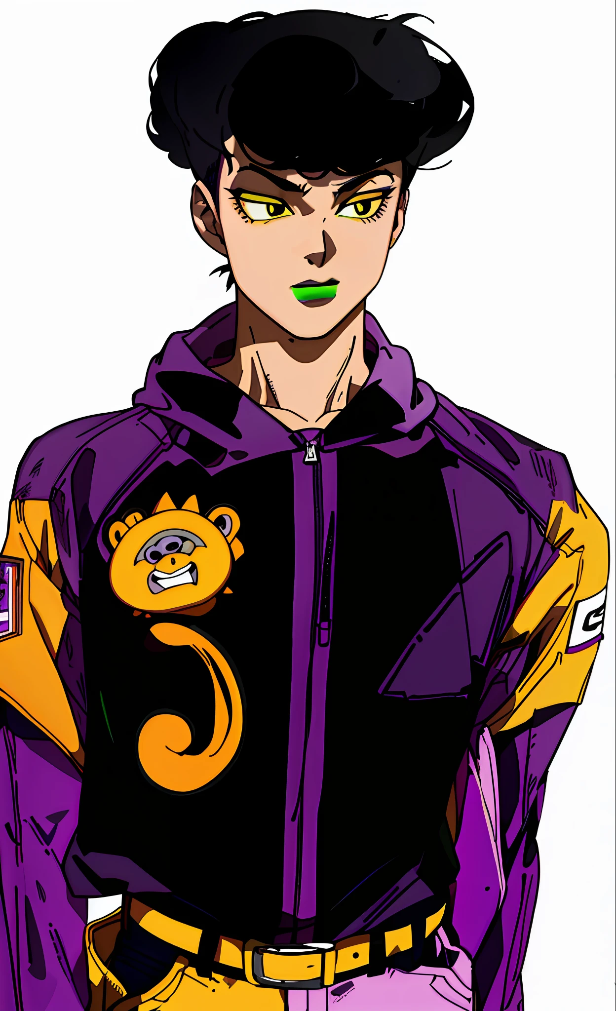 black hair, green lipstick, purple jacket, hoodie, bears on arms, yellow belt, yellow S, expressionless, hd, highres